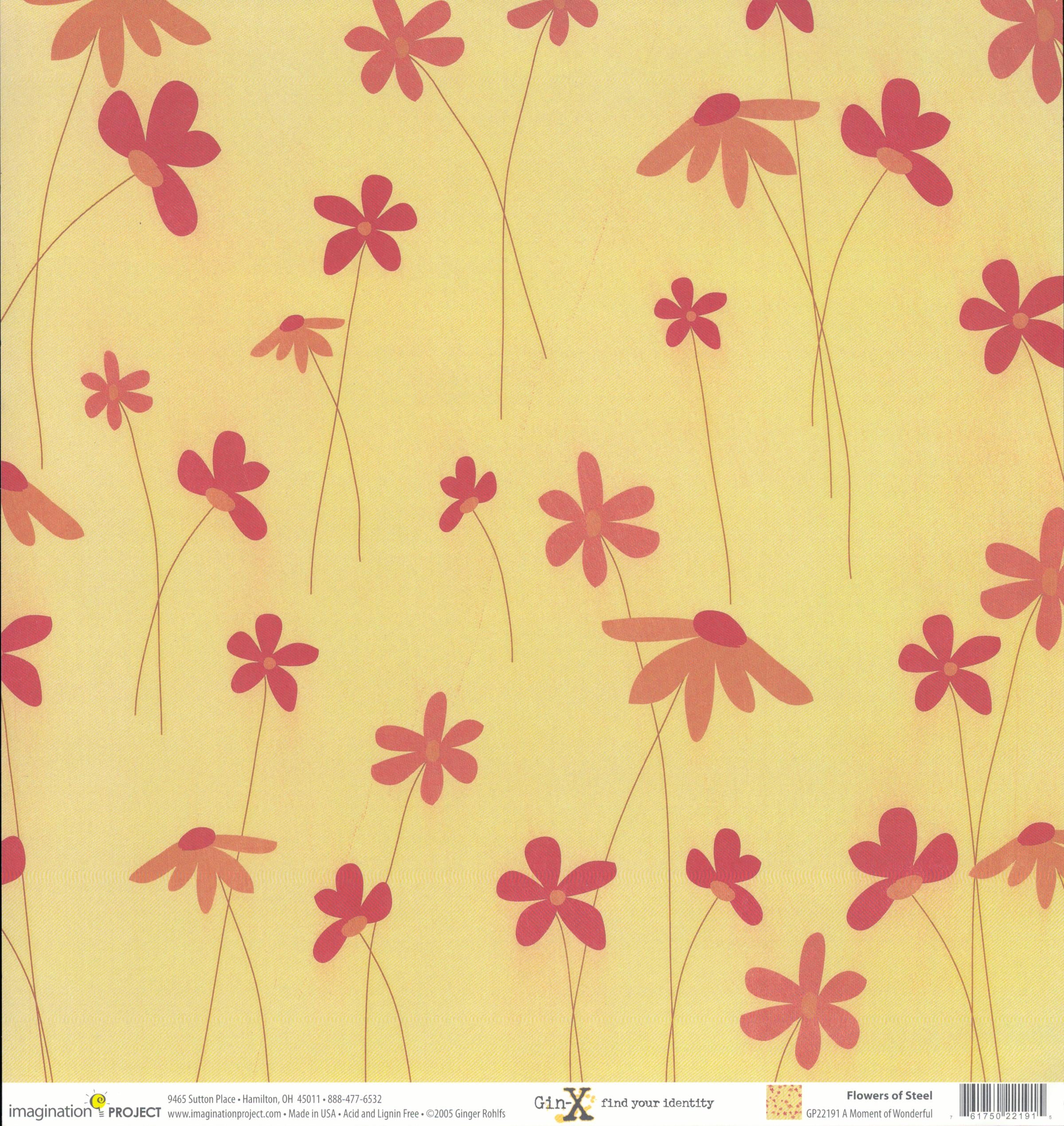 Imagination Project Gin-X Flowers of Steel A Moment of Wonderful 12x12 cardstock — scattered coral red hot pink and peach daisy wildflower silhouettes on butter yellow golden cream background