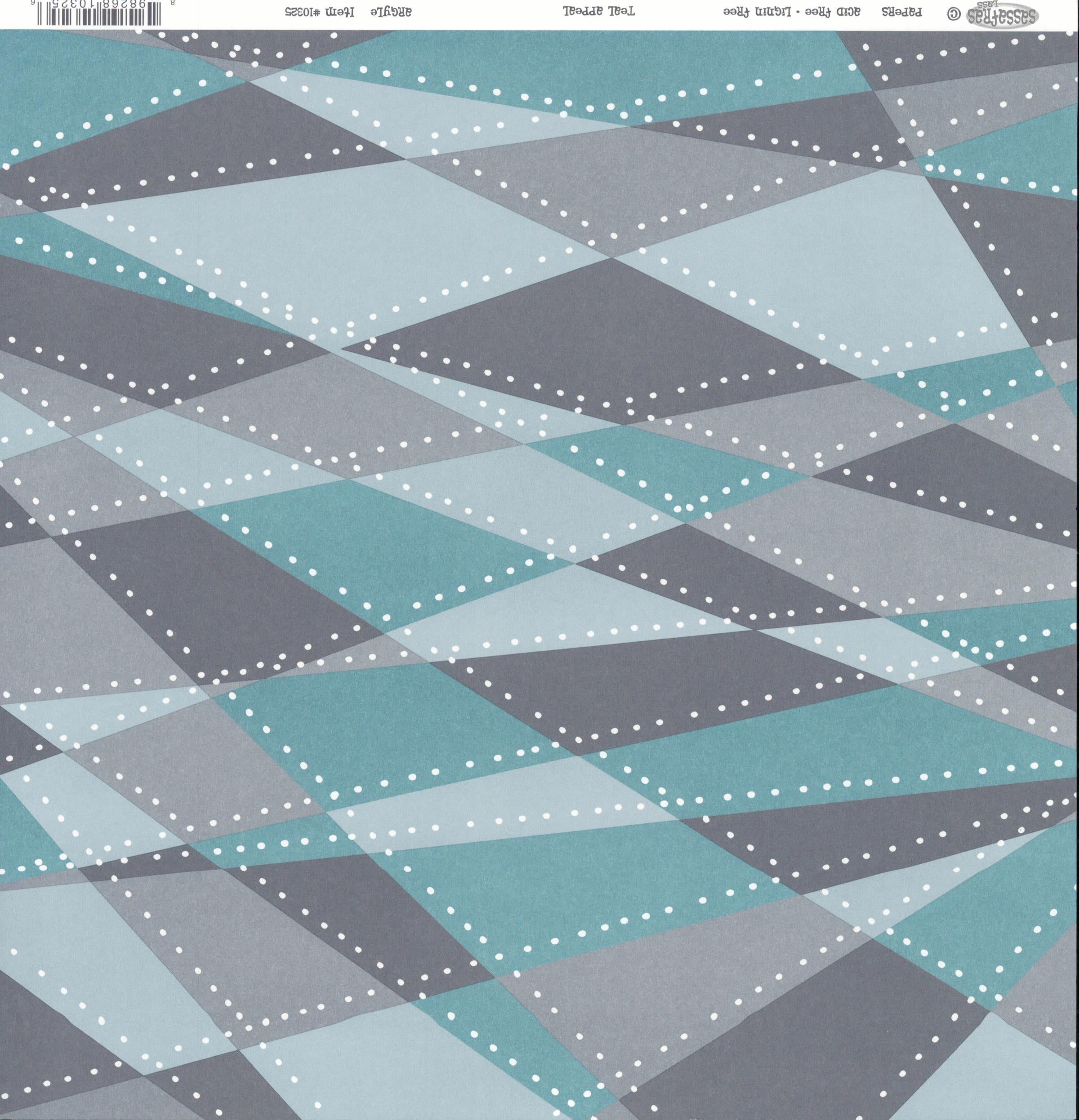 Sassafras Lass Argyle Teal Appeal cardstock in teal, grey and blue diamond pattern