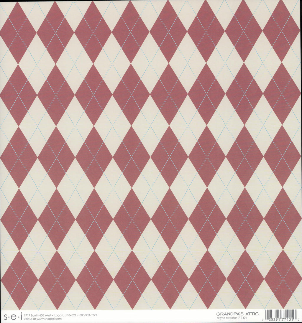 SEI Grandpa's Attic Argyle Sweater 12x12 cardstock — cream background with burgundy argyle diamond pattern and blue dotted crosshatch