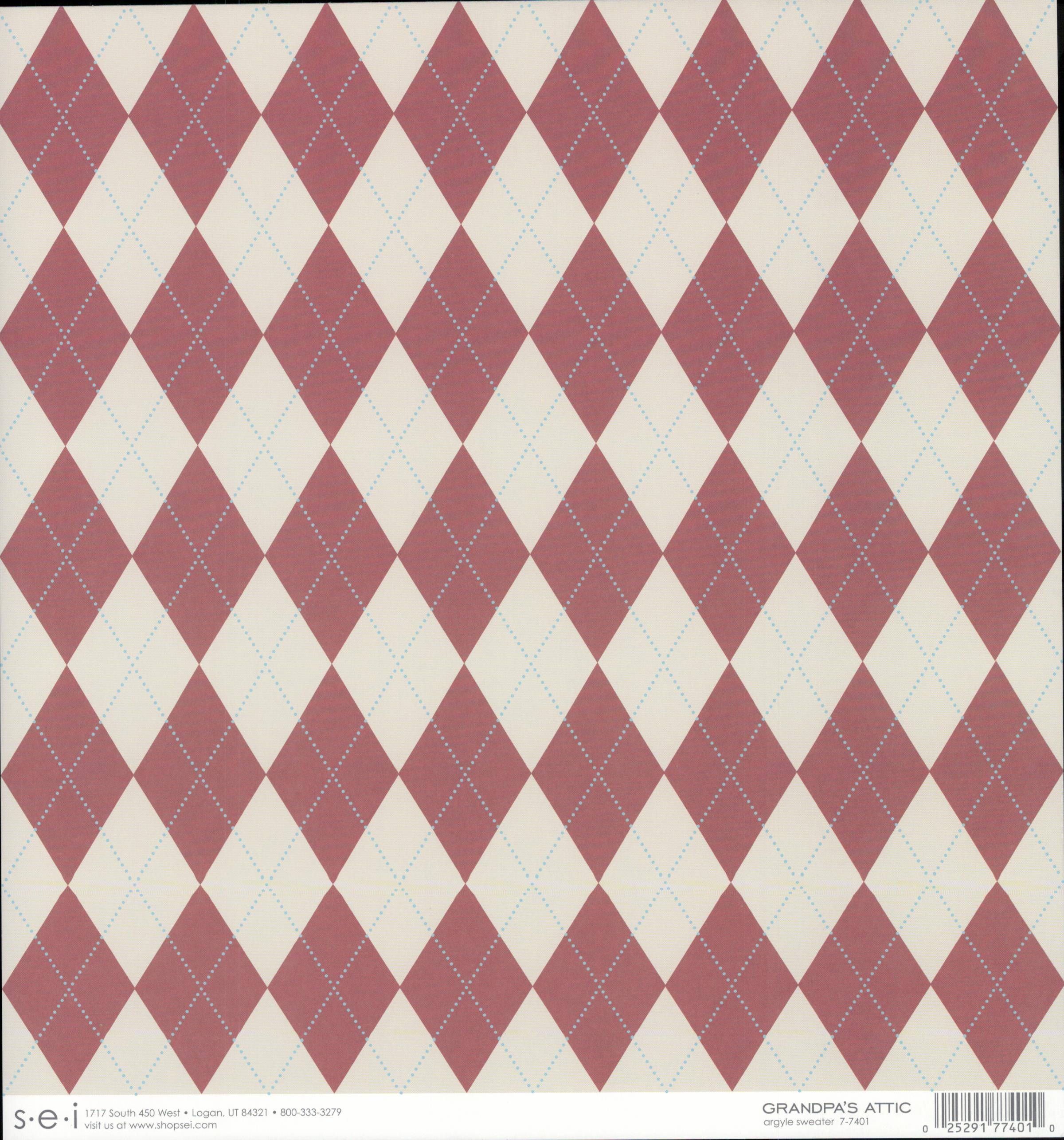 SEI Grandpa's Attic Argyle Sweater 12x12 cardstock — cream background with burgundy argyle diamond pattern and blue dotted crosshatch