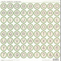 SEI Aunt Gerti's Garden Cardstock Alphabet Stickers — full alphabet and numbers in charcoal gray typewriter font on cream polka dot circles with sage green borders