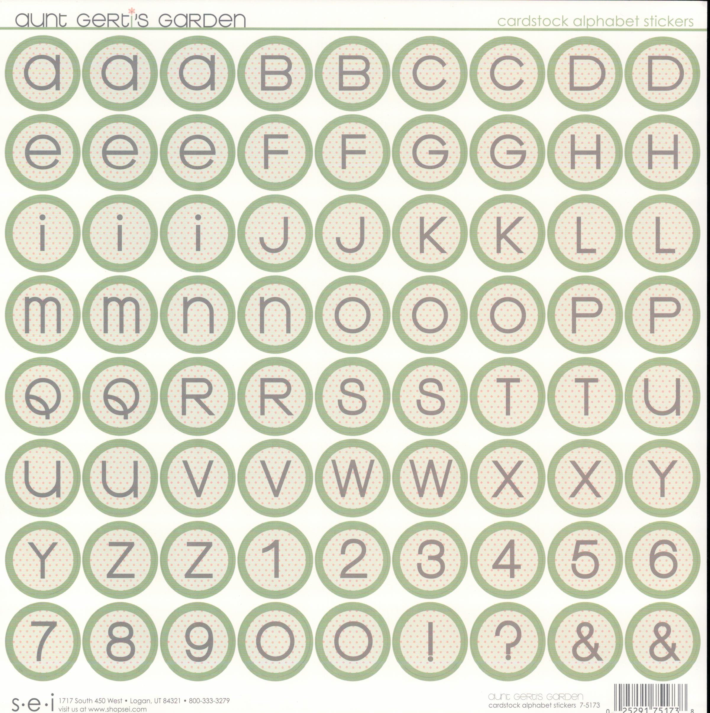 SEI Aunt Gerti's Garden Cardstock Alphabet Stickers — full alphabet and numbers in charcoal gray typewriter font on cream polka dot circles with sage green borders