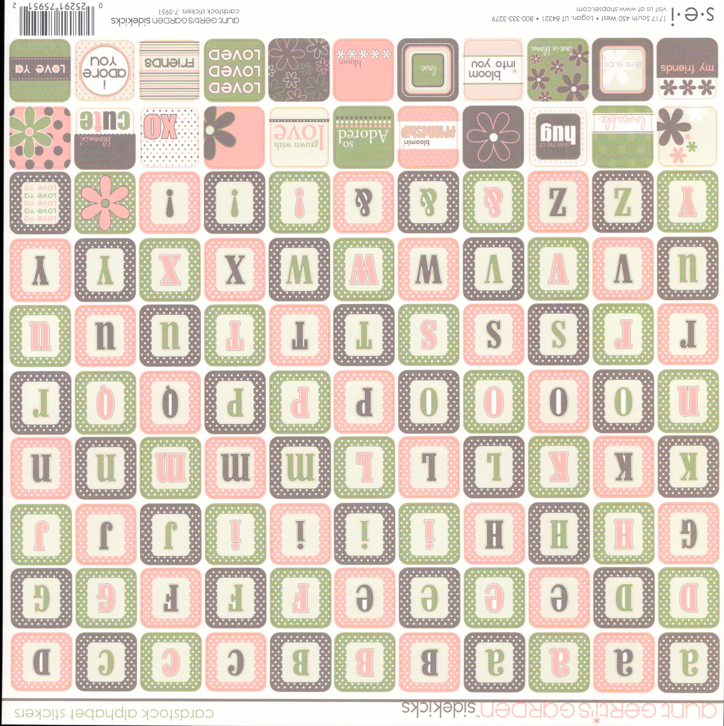 SEI Aunt Gerti's Garden Sidekicks Cardstock Stickers — alphabet tiles in coral, sage and gray plus sentiment word stickers