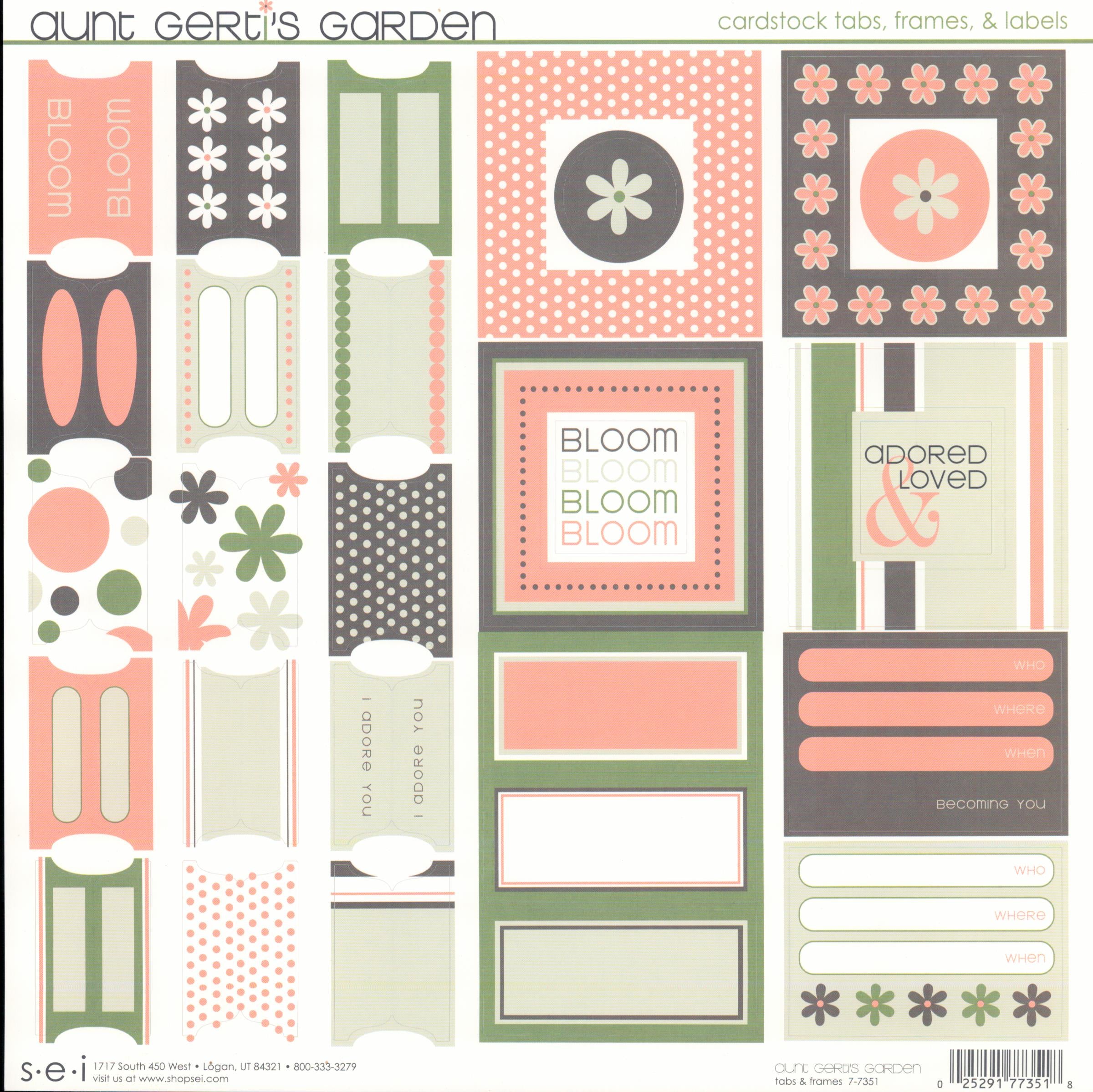 SEI Aunt Gerti's Garden Tabs, Frames & Labels cardstock sticker sheet — coral pink, sage green, and charcoal gray embellishments