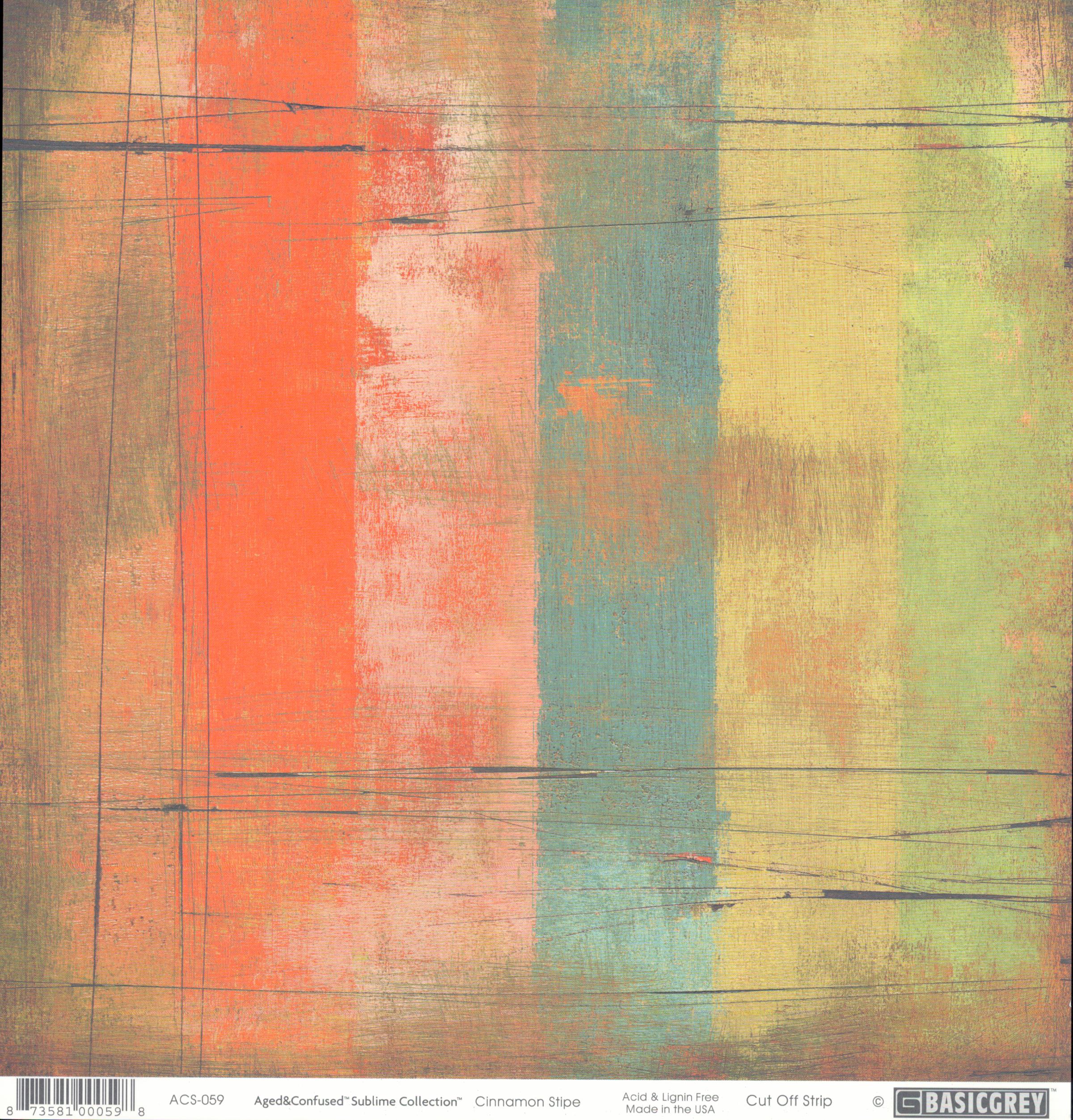 Cinnamon Stripe 12x12 cardstock by BasicGrey Aged and Confused Sublime Collection, featuring wide vertical color-block stripes in coral red orange pink peach teal blue green and yellow sage on a distressed painterly background