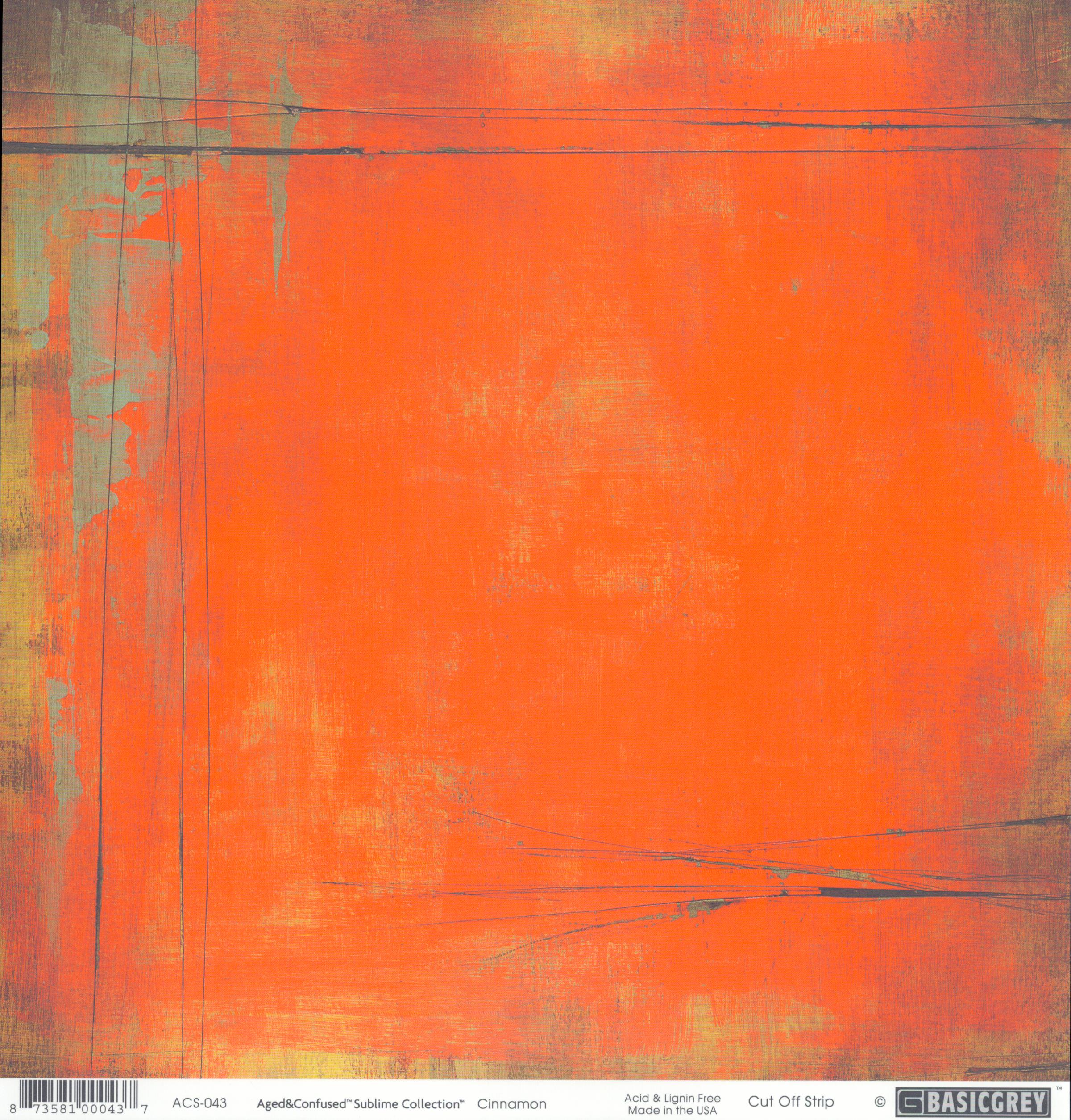 Cinnamon 12x12 cardstock by BasicGrey Aged and Confused Sublime Collection, featuring a vivid bold orange coral distressed background with sage green and golden yellow edges and loose hand-drawn grey line details