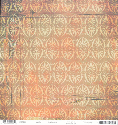 Clay Pattern 12x12 cardstock by BasicGrey Motifica collection, featuring a repeating ornate medallion and fleur-de-lis pattern in cream white on a warm coral peach terracotta distressed background with teal sage green on the left edge