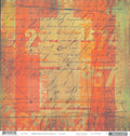 Confused 12x12 cardstock by BasicGrey Aged and Confused Sublime Collection, featuring layered mixed-media collage with bold orange coral color blocks cursive script text distressed typography circular geometric line art and grid lines on a painterly background