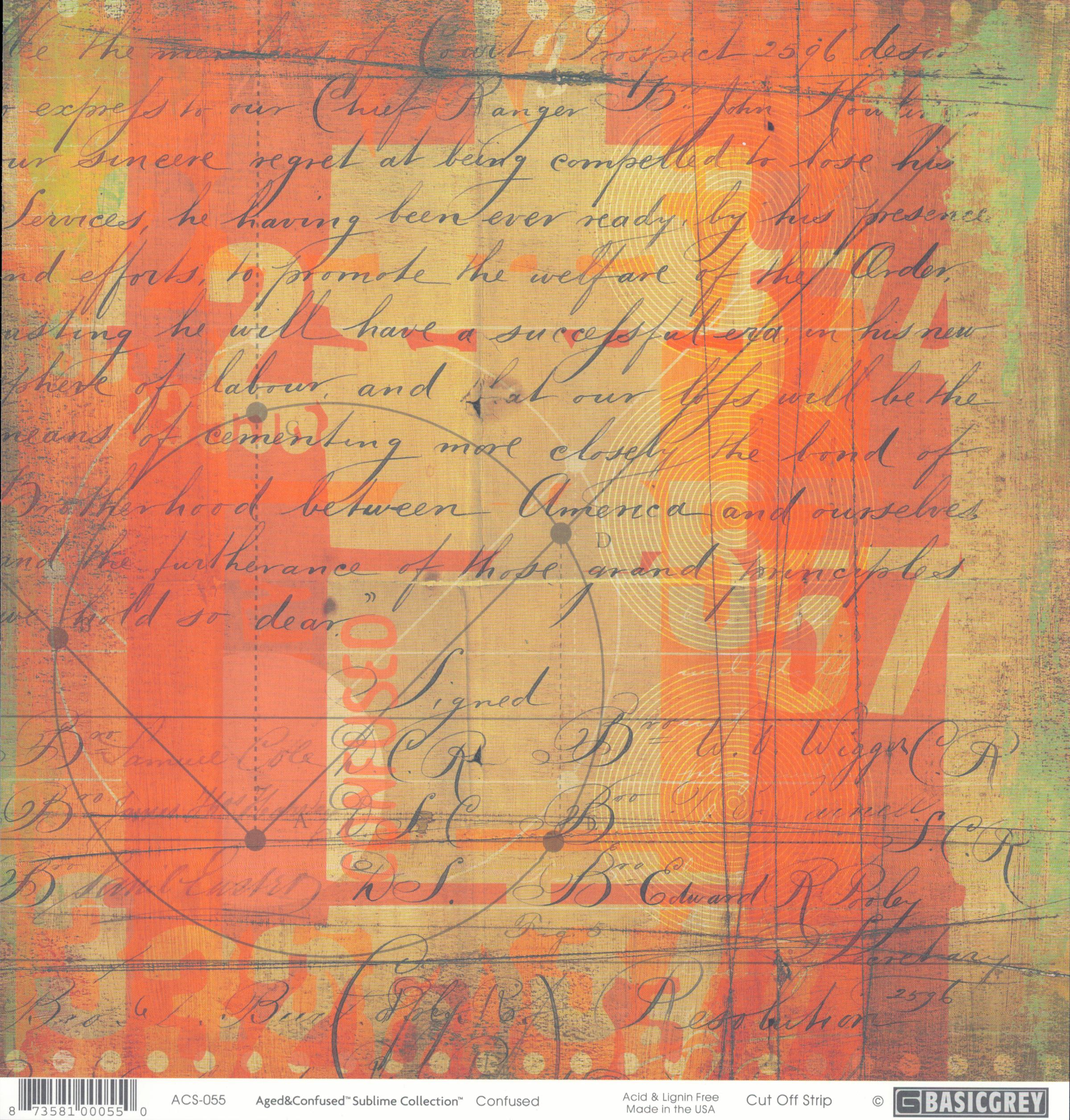 Confused 12x12 cardstock by BasicGrey Aged and Confused Sublime Collection, featuring layered mixed-media collage with bold orange coral color blocks cursive script text distressed typography circular geometric line art and grid lines on a painterly background