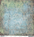 Flint Pattern 12x12 cardstock by BasicGrey Motifica collection, featuring a large-scale damask baroque pattern with roses acanthus leaves and fleur-de-lis in layered teal blue and sage green on a distressed cream grey background