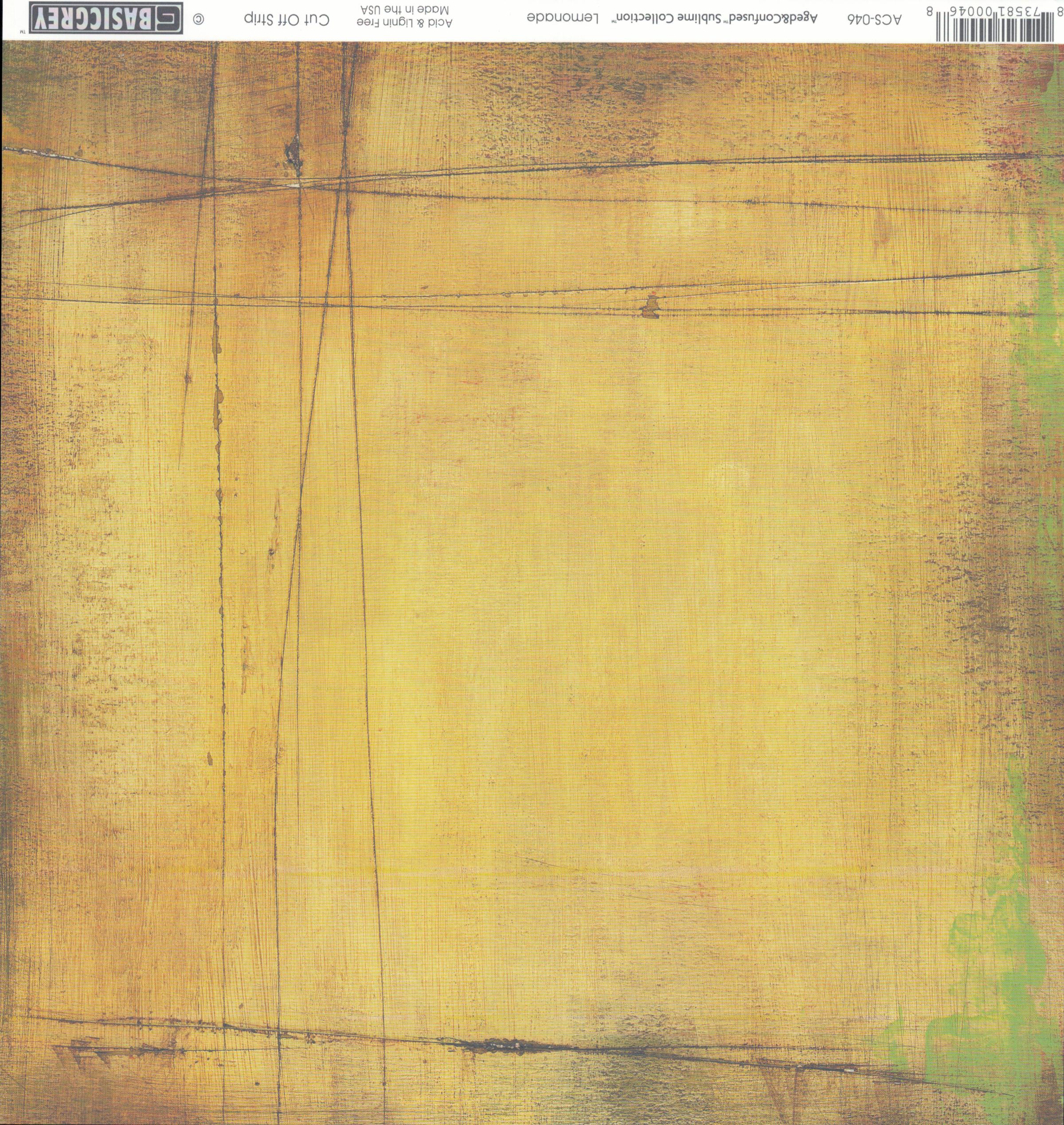 Lemonade 12x12 cardstock by BasicGrey Aged and Confused Sublime Collection, featuring a warm golden yellow amber distressed background with brown rust edges and a touch of sage green in the lower corner with loose hand-drawn dark line details