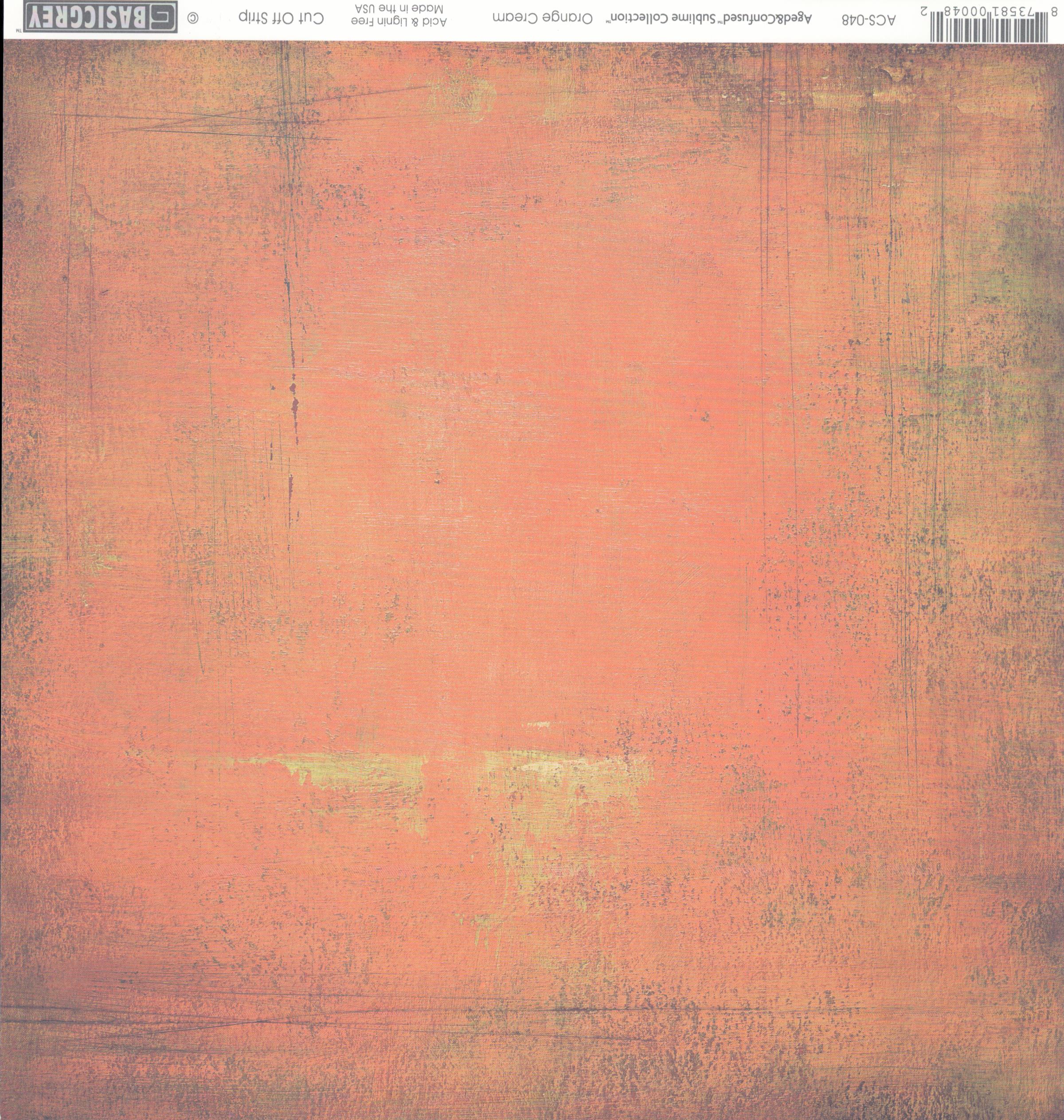 Orange Cream 12x12 cardstock by BasicGrey Aged and Confused Sublime Collection, featuring a soft peachy coral orange distressed background with golden brown and sage teal edges and subtle hand-drawn line details