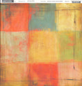 Patchwork 12x12 cardstock by BasicGrey Aged and Confused Sublime Collection, featuring abstract patchwork color-block squares in coral red orange teal blue golden yellow cream peach and sage green on a heavily distressed painterly background