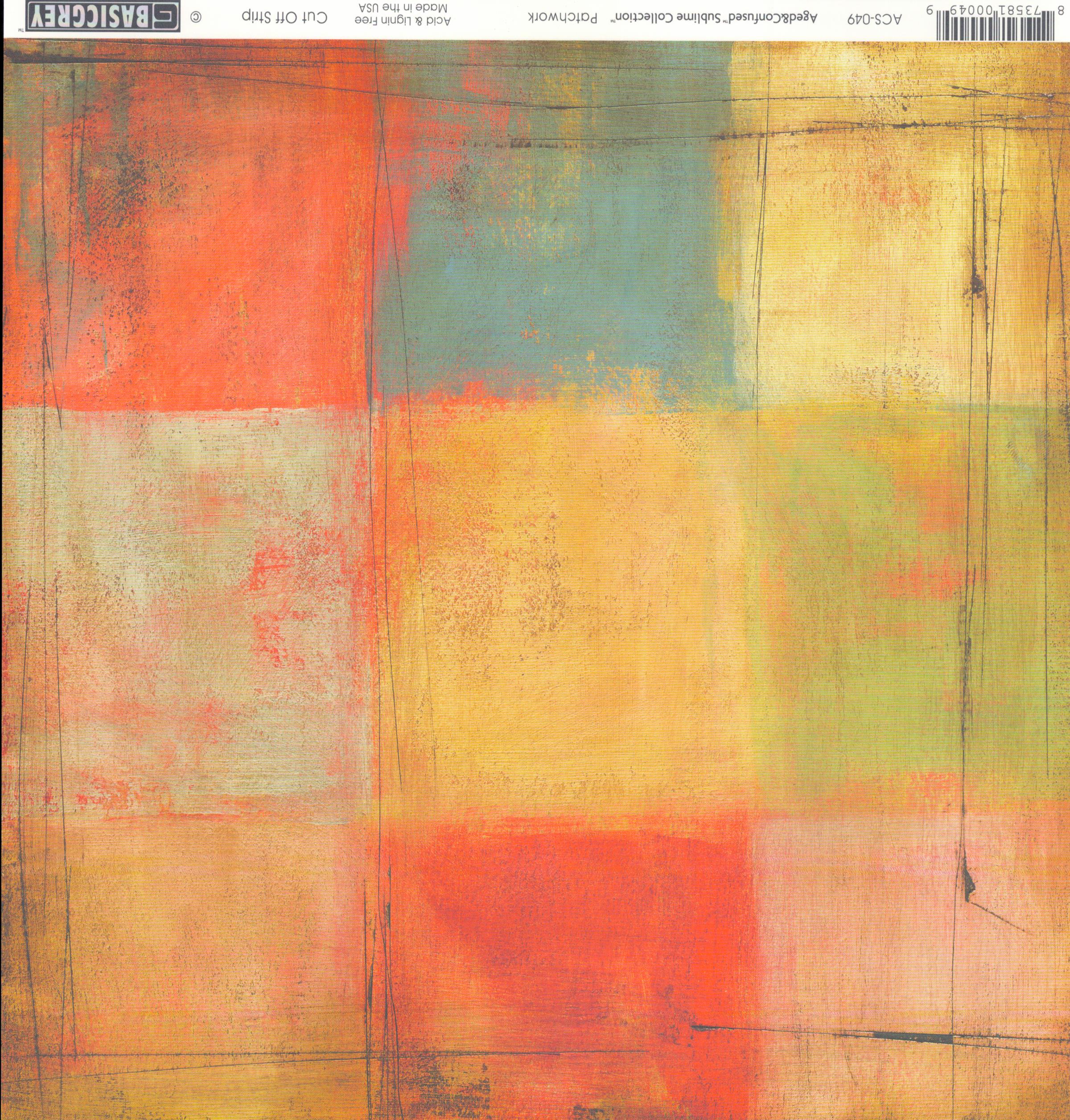 Patchwork 12x12 cardstock by BasicGrey Aged and Confused Sublime Collection, featuring abstract patchwork color-block squares in coral red orange teal blue golden yellow cream peach and sage green on a heavily distressed painterly background