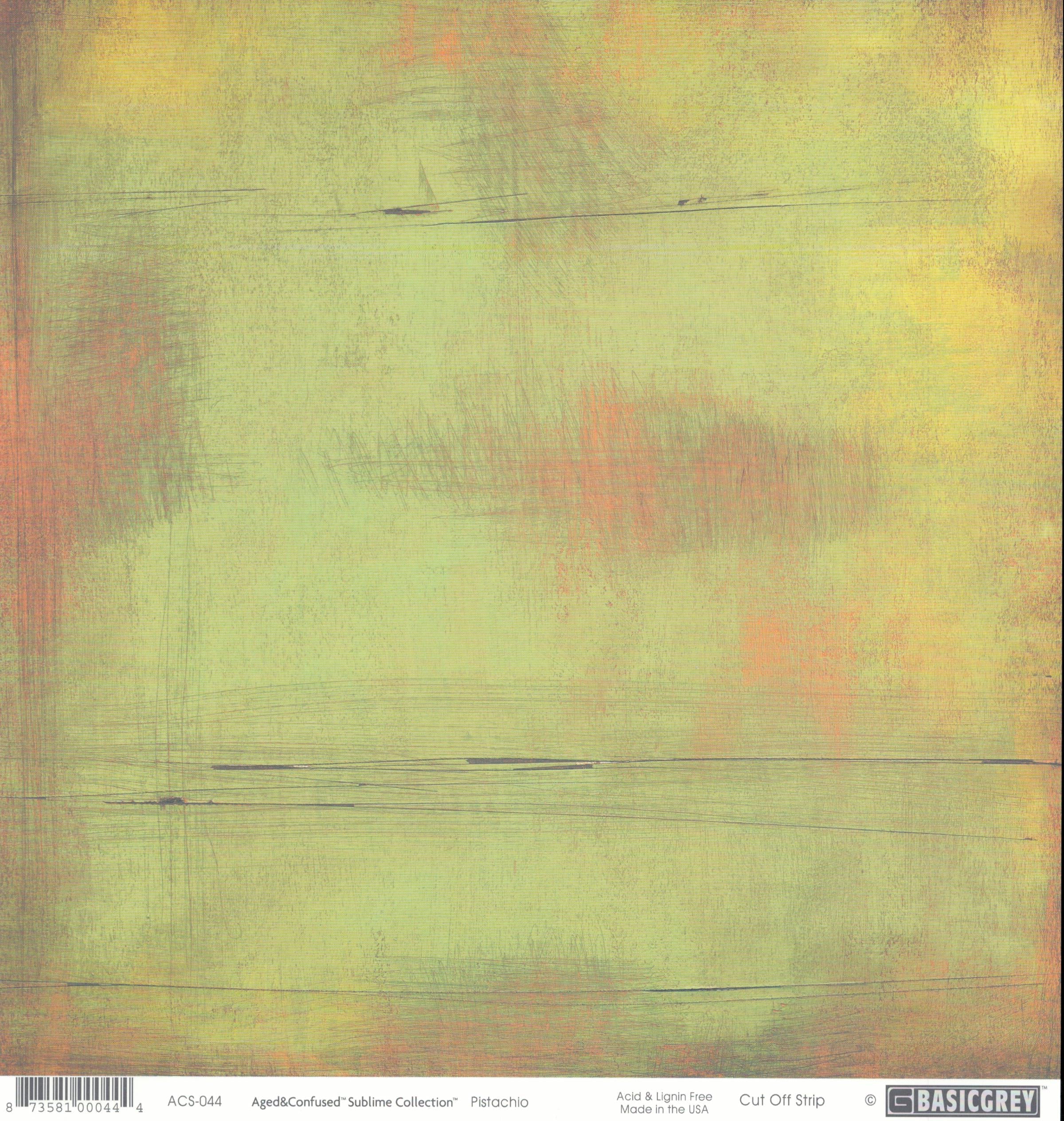 Pistachio 12x12 cardstock by BasicGrey Aged and Confused Sublime Collection, featuring a soft pale yellow-green pistachio distressed background with warm coral orange and golden yellow glowing through the edges and subtle hand-drawn line details
