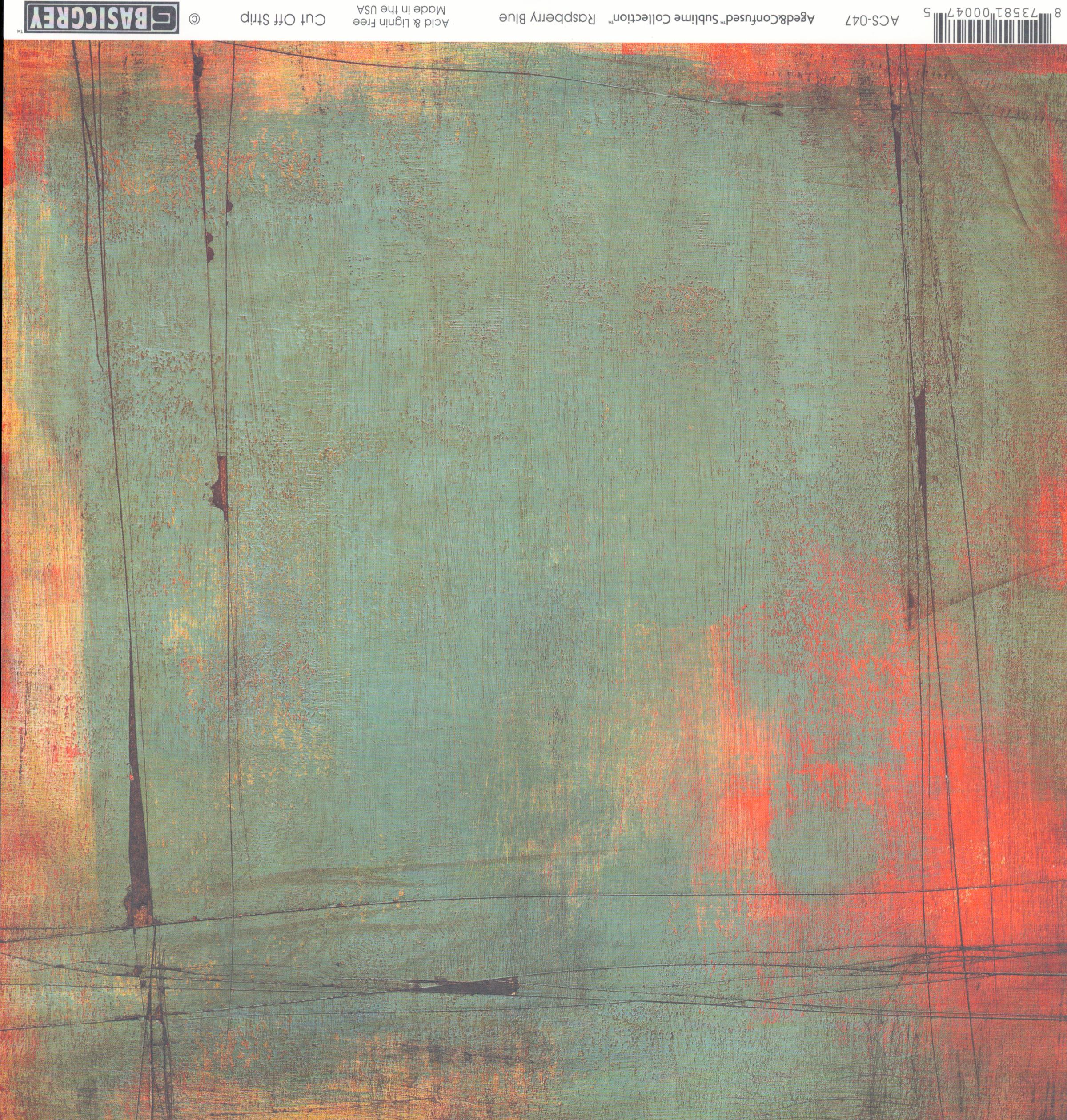 Raspberry Blue 12x12 cardstock by BasicGrey Aged and Confused Sublime Collection, featuring a cool teal sage blue-green distressed background with vivid coral raspberry red bursting through the edges and loose hand-drawn dark line details