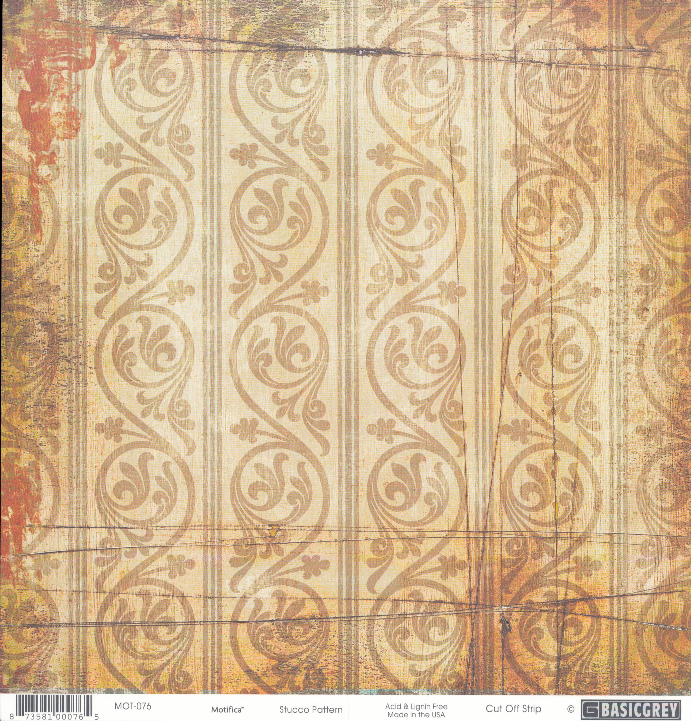 Stucco Pattern 12x12 cardstock by BasicGrey Motifica collection, featuring elegant repeating scrollwork with fleur-de-lis flourishes in warm tan gold on a distressed cream background with rust edges