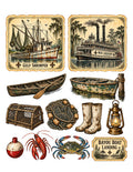A vintage-style illustrated collage of nautical and coastal elements on a white background, including two labeled boat illustrations, a canoe, a small boat, a lobster trap, fishing net, boots, lantern, boulder, shrimp, crab, and a sign reading 'Bayou Boat Landing.'.