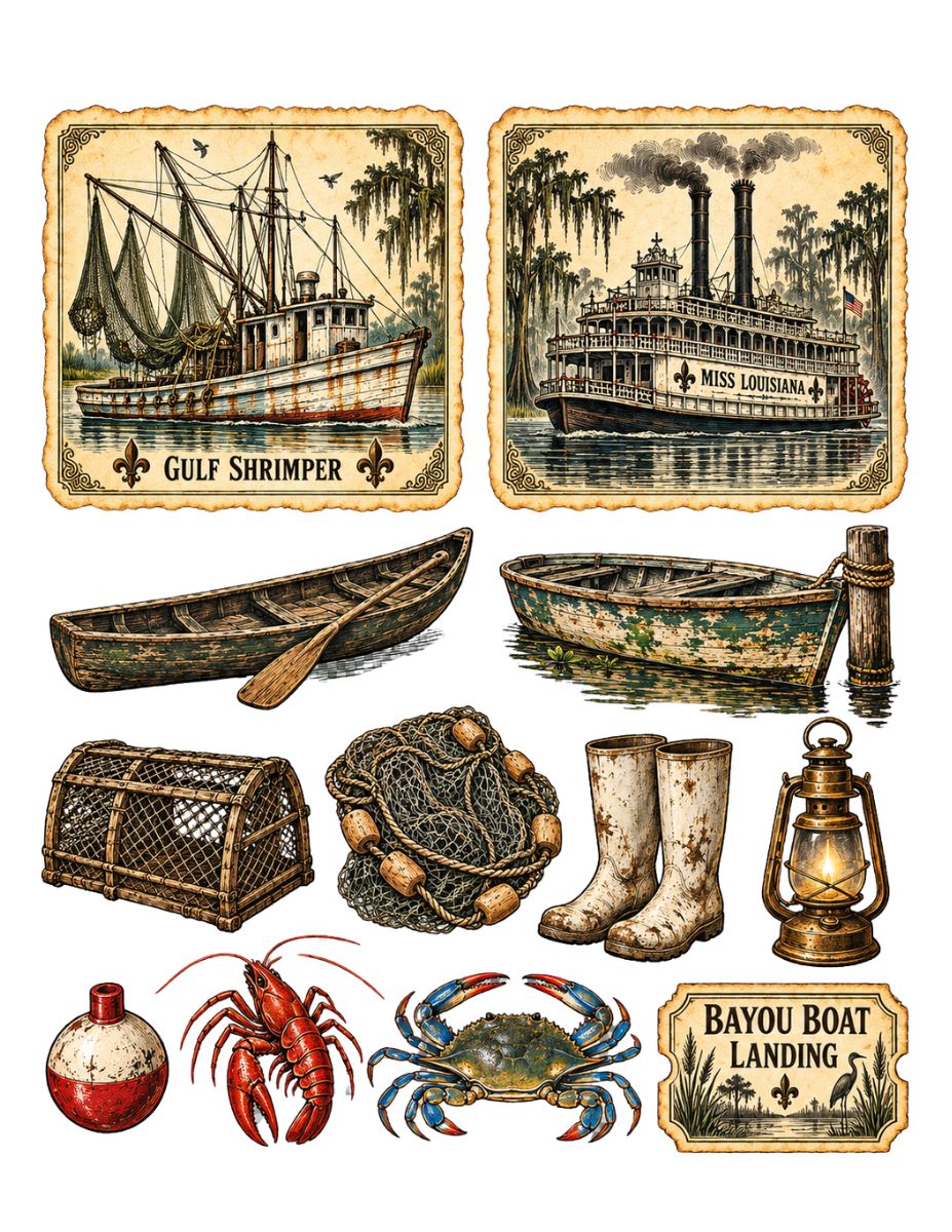 A vintage-style illustrated collage of nautical and coastal elements on a white background, including two labeled boat illustrations, a canoe, a small boat, a lobster trap, fishing net, boots, lantern, boulder, shrimp, crab, and a sign reading 'Bayou Boat Landing.'.