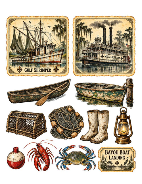 A vintage-style illustrated collage of nautical and coastal elements on a white background, including two labeled boat illustrations, a canoe, a small boat, a lobster trap, fishing net, boots, lantern, boulder, shrimp, crab, and a sign reading 'Bayou Boat Landing.'.