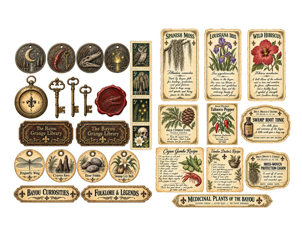Vintage Louisiana Bayou Botanicals, Apothecary and Folklore — Printed & Precut Ephemera Set