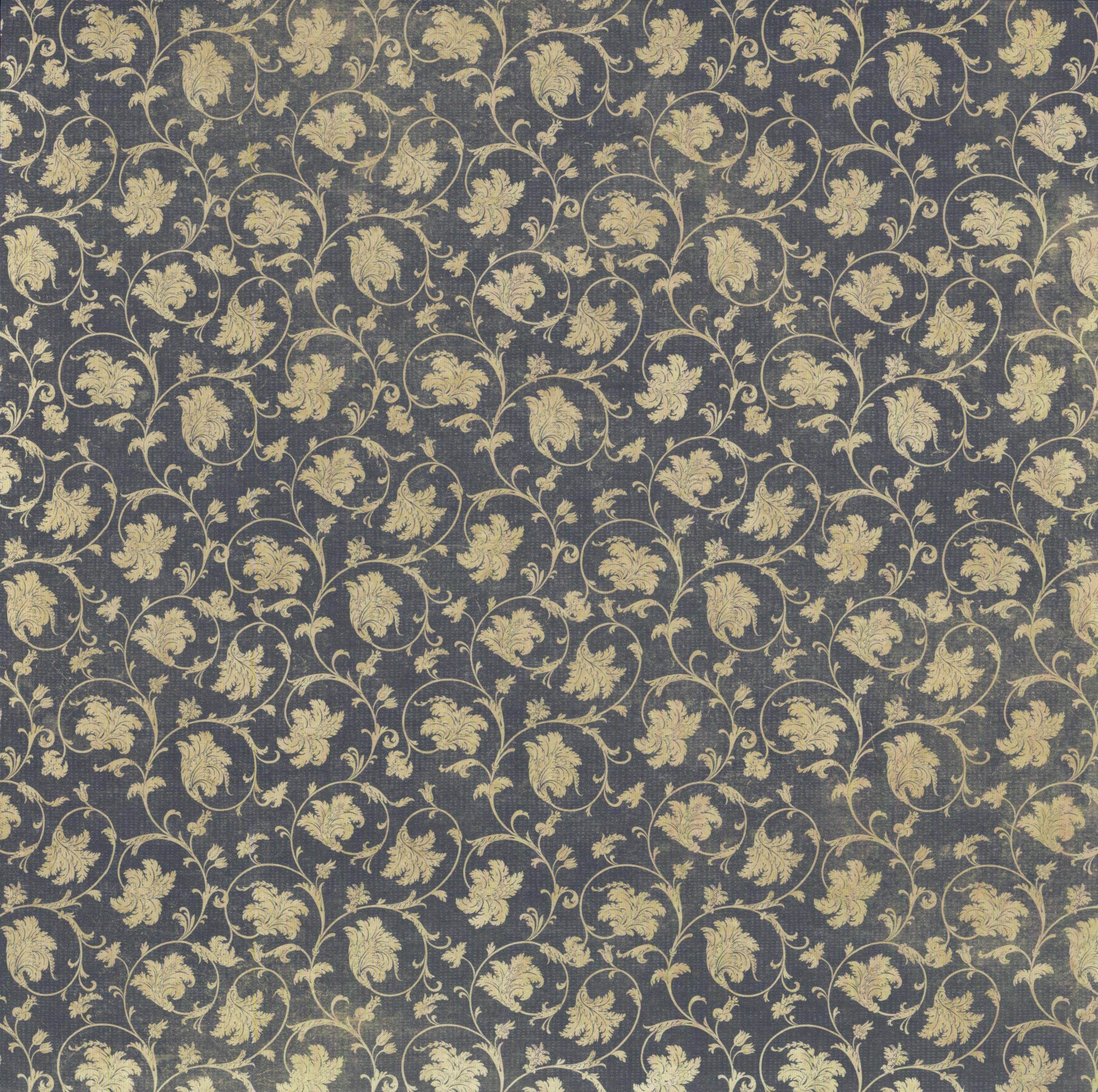 The Paper Studio Black & Gold Ornate 12x12 scrapbook paper with dense scrolling acanthus leaf vine in antique gold on deep charcoal black linen texture