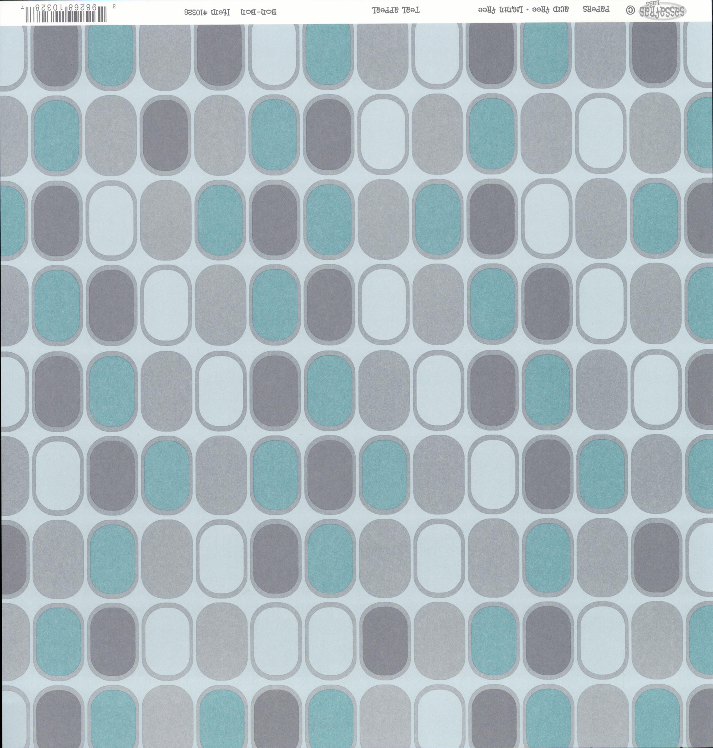 Sassafras Lass Teal Appeal Bon Bon cardstock with rounded pill shapes in teal, grey and white