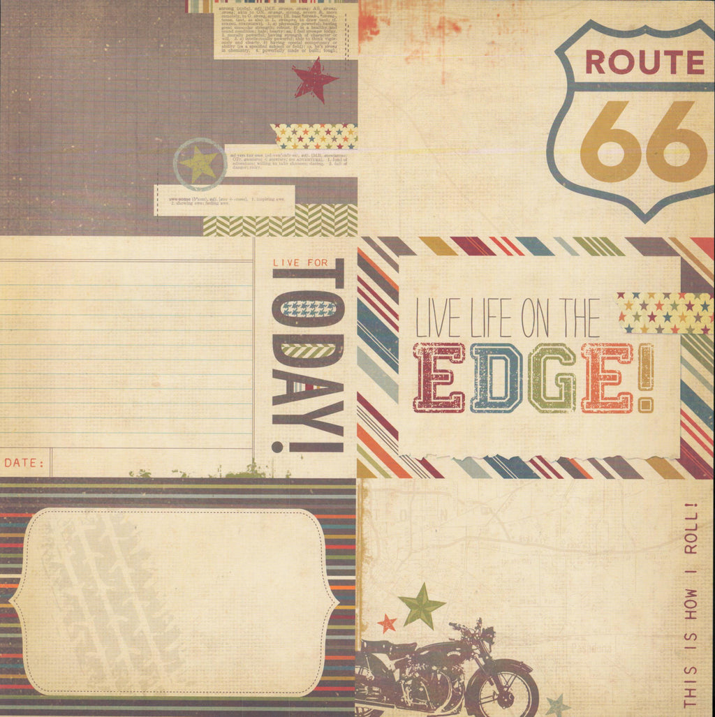 Echo Park All About A Boy Journal Cards 12x12 cardstock front with Route 66, Live Life on the Edge, motorcycle and vintage adventure pocket journaling card designs