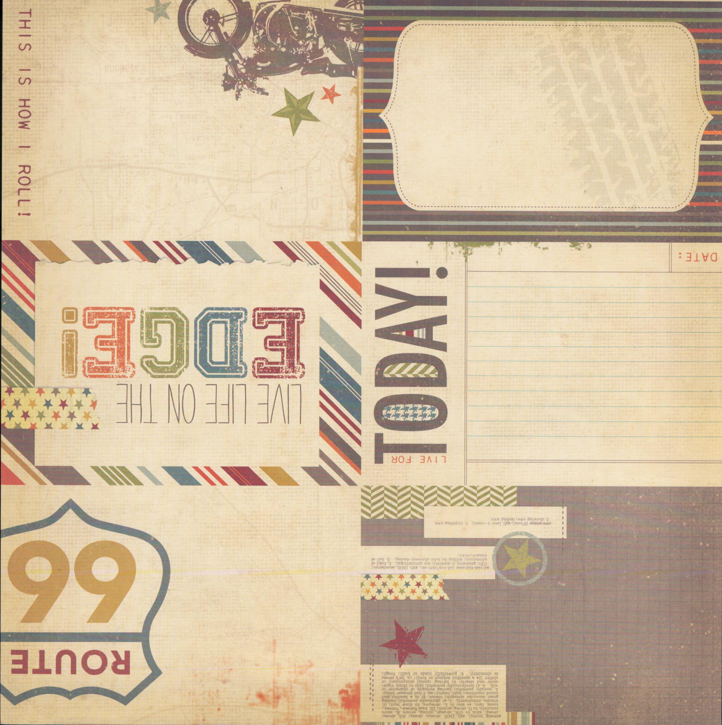 Echo Park All About A Boy Journal Cards 12x12 cardstock front with Route 66, Live Life on the Edge, motorcycle and vintage adventure pocket journaling card designs