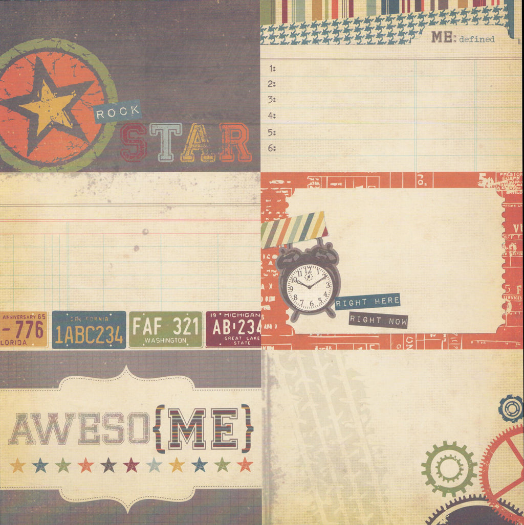 Echo Park All About A Boy Journal Cards 12x12 cardstock back with Rock Star, Awesome Me, license plates and Right Here Right Now pocket journaling card designs