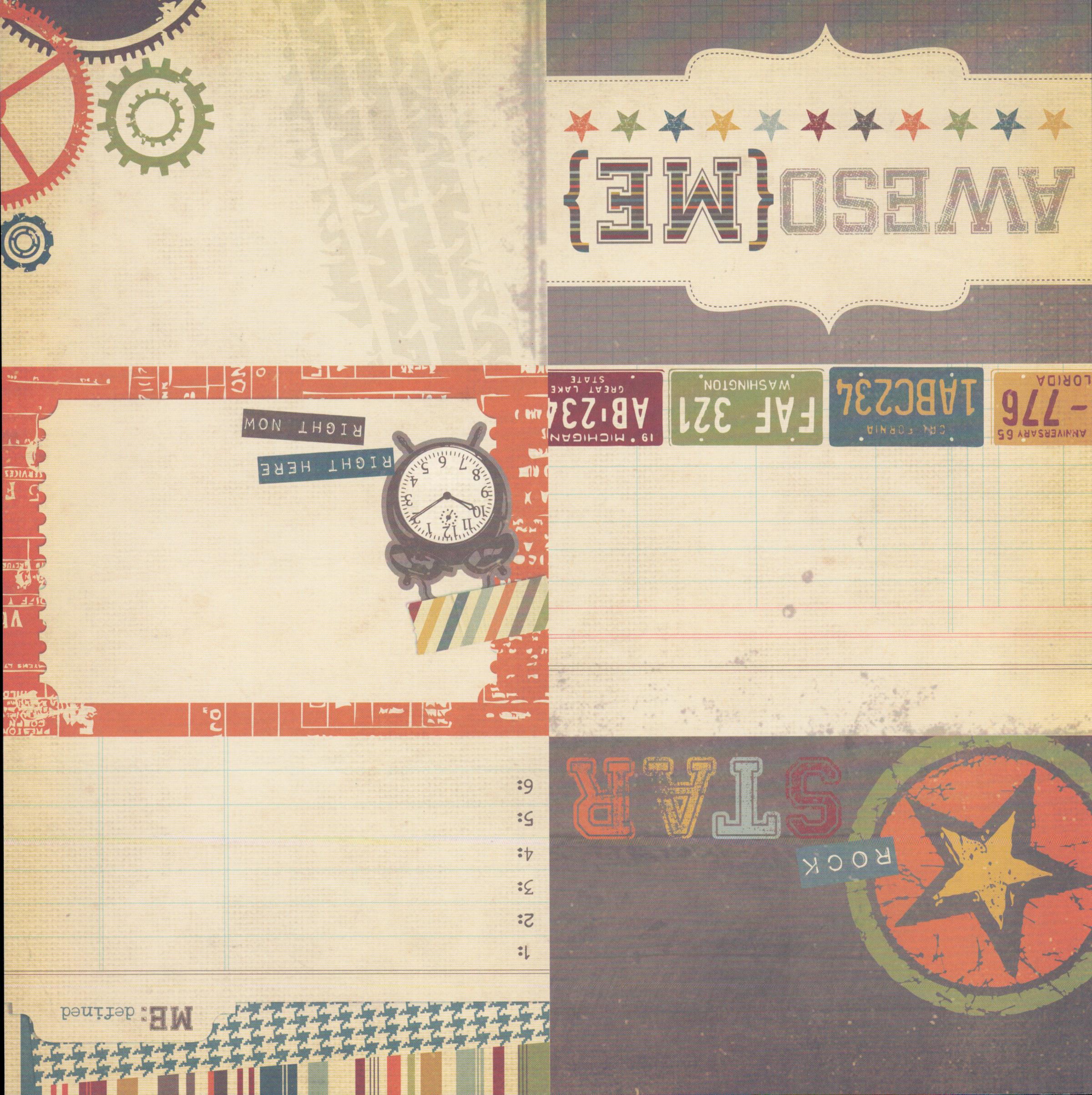Echo Park All About A Boy Journal Cards 12x12 cardstock back with Rock Star, Awesome Me, license plates and Right Here Right Now pocket journaling card designs