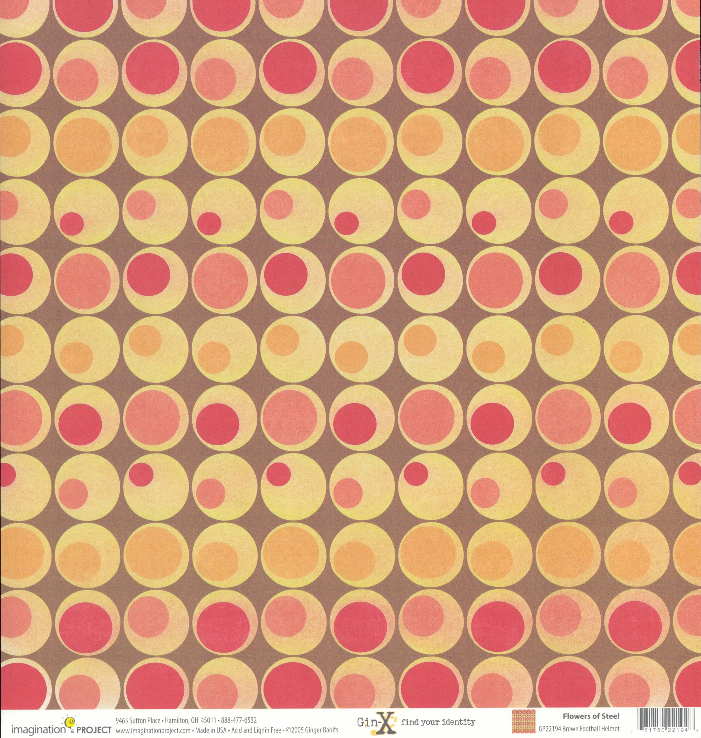 Imagination Project Gin-X Flowers of Steel Brown Football Helmet 12x12 cardstock — large cream and yellow circles with coral, pink and red dots on brown background