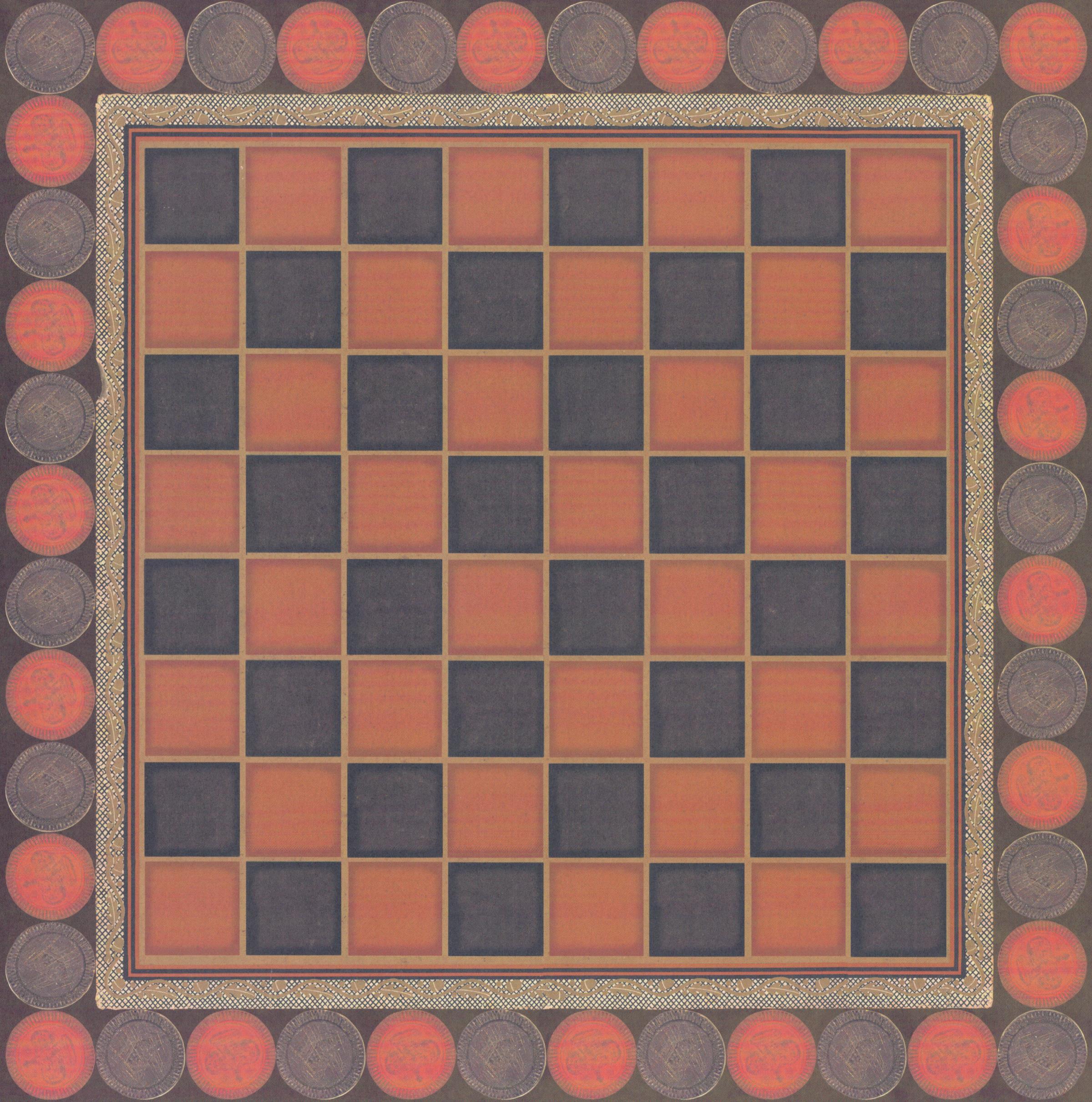Design Originals Nostalgic Games Checkerboard 12x12 scrapbook paper with full-size vintage game board in burnt orange and charcoal squares with gold border and red checker pieces border