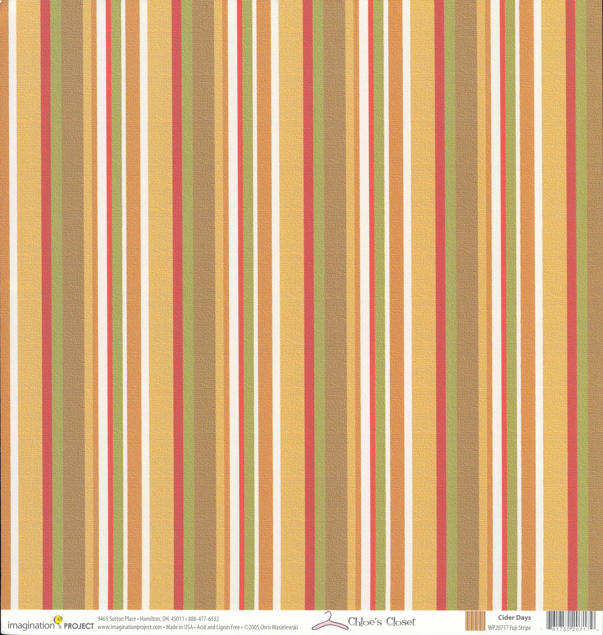 Imagination Project Chloe's Closet Cider Days Fuji Stripe 12x12 cardstock — multi-stripe pattern in golden yellow, olive green, rust red, taupe and cream
