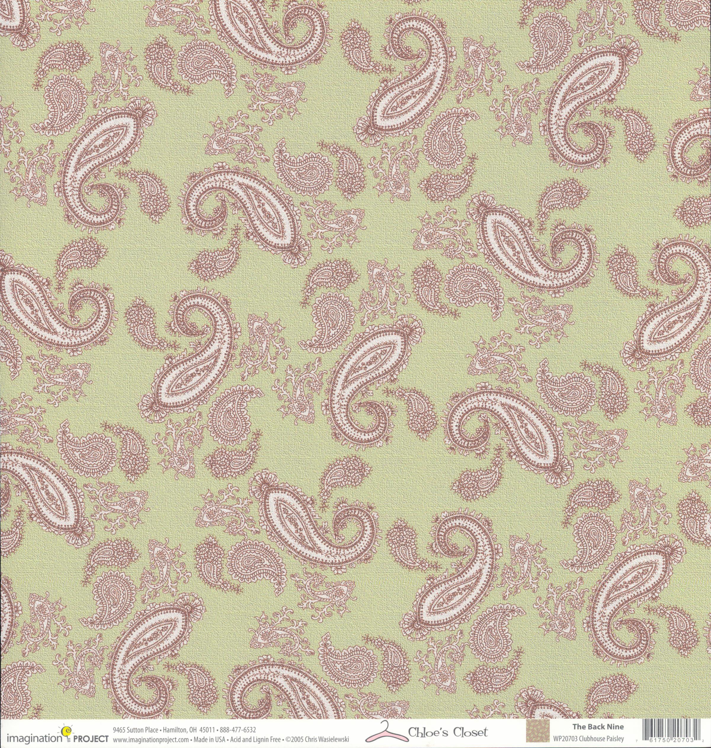 Imagination Project Chloe's Closet The Back Nine Clubhouse Paisley 12x12 cardstock — large dusty rose mauve paisley with white centers and scroll details on sage green background
