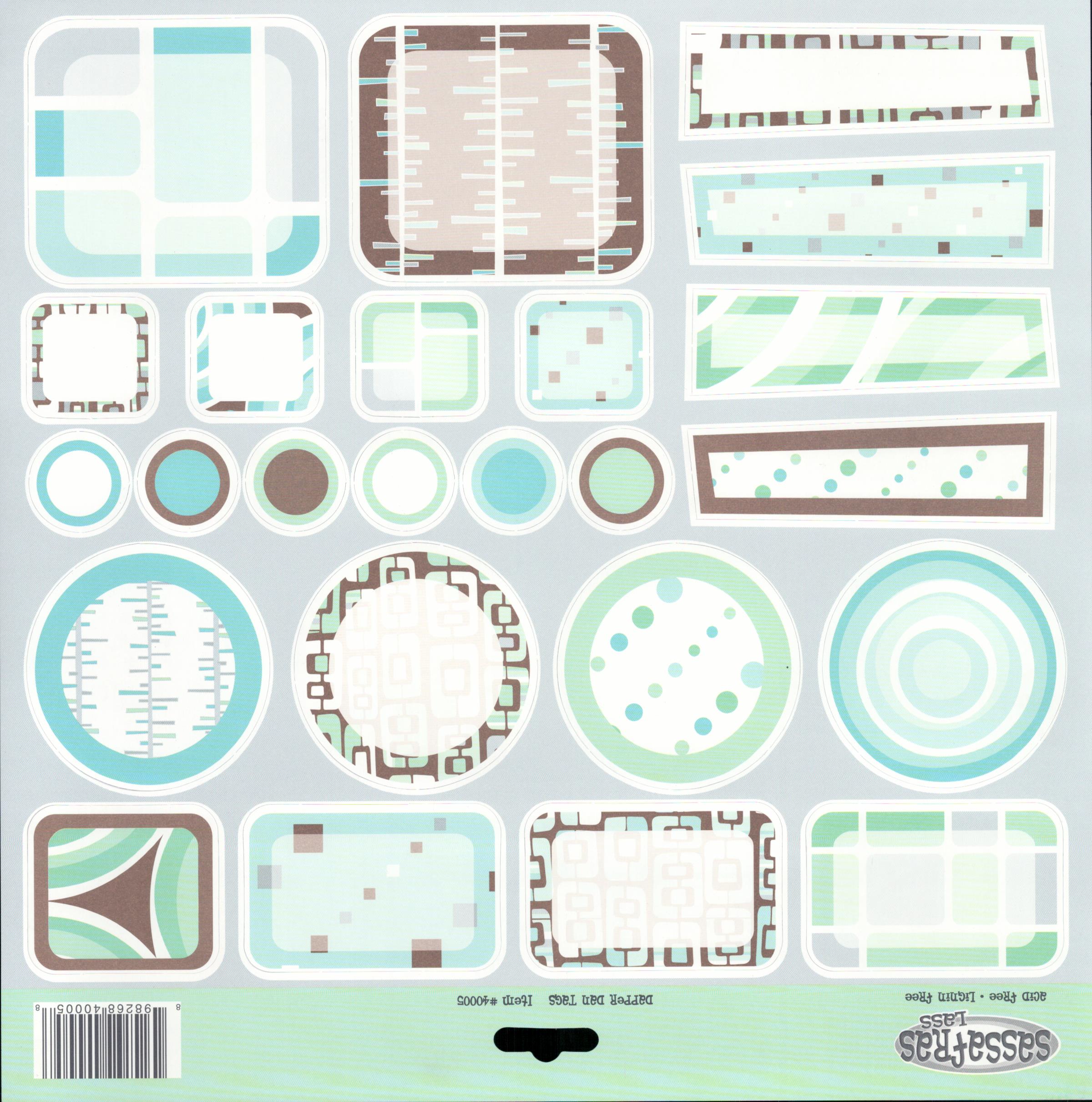 Sassafras Lass Dapper Dan Tags die-cut sheet with assorted circles, rectangles and rounded squares in mint, teal and brown