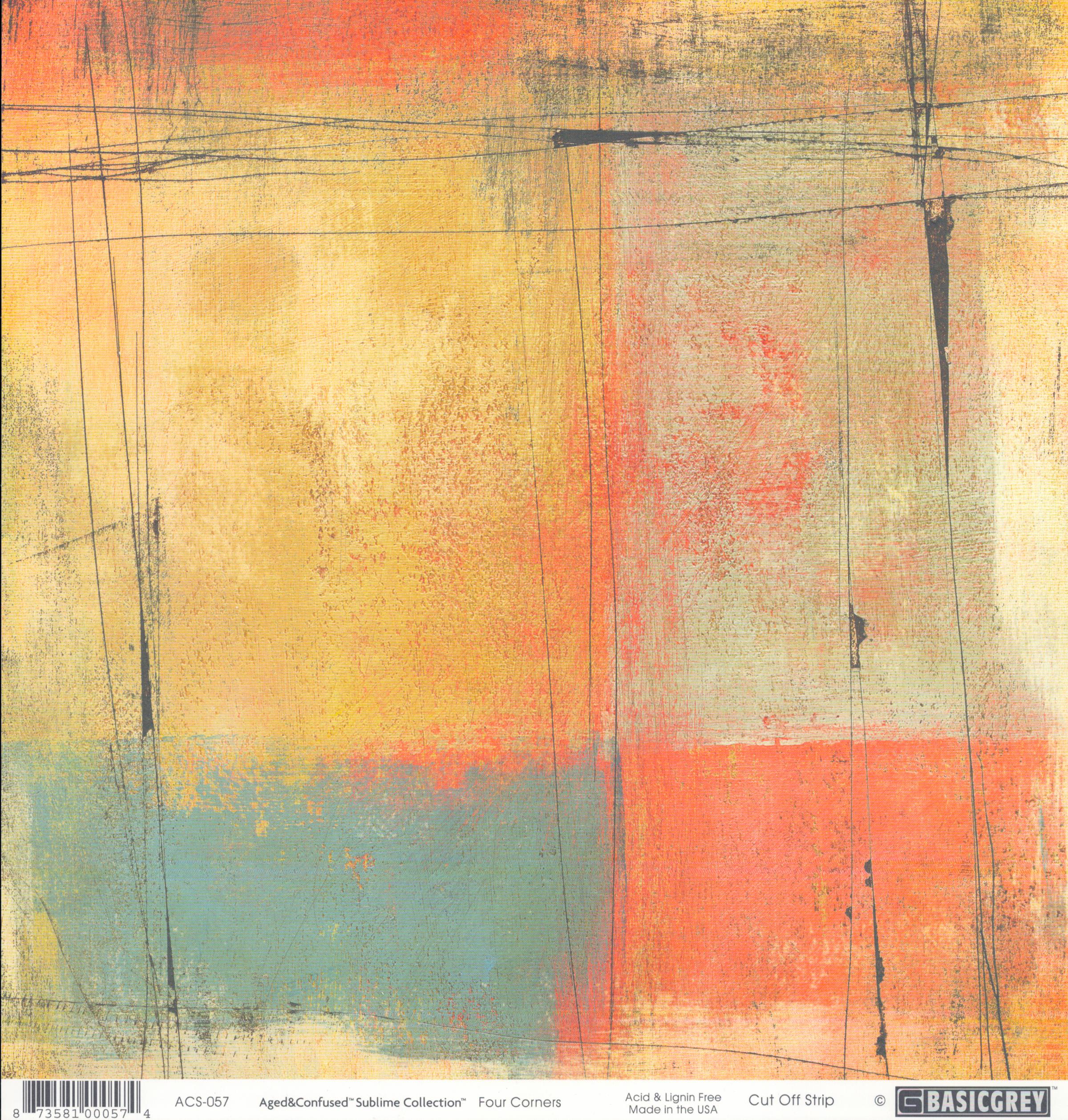 Four Corners 12x12 cardstock by BasicGrey Aged and Confused Sublime Collection, featuring abstract color-block sections of golden yellow coral salmon and sage teal blue with hand-drawn black grid lines on a distressed painterly background