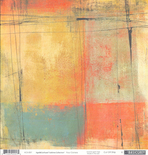 Four Corners 12x12 cardstock by BasicGrey Aged and Confused Sublime Collection, featuring abstract color-block sections of golden yellow coral salmon and sage teal blue with hand-drawn black grid lines on a distressed painterly background