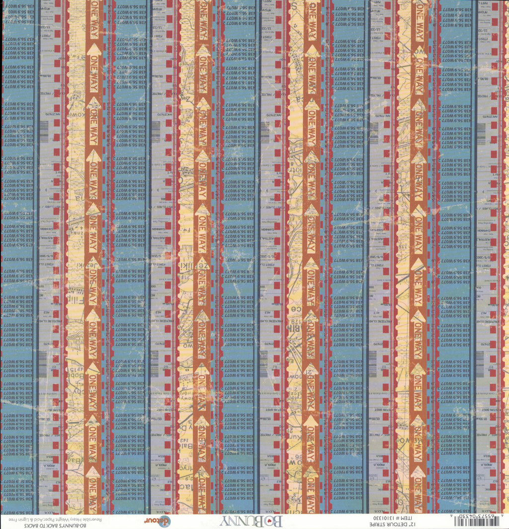 Bo Bunny Detour Stripe 12x12 - Side A: passport stamps on dusty blue with golden airplane silhouettes