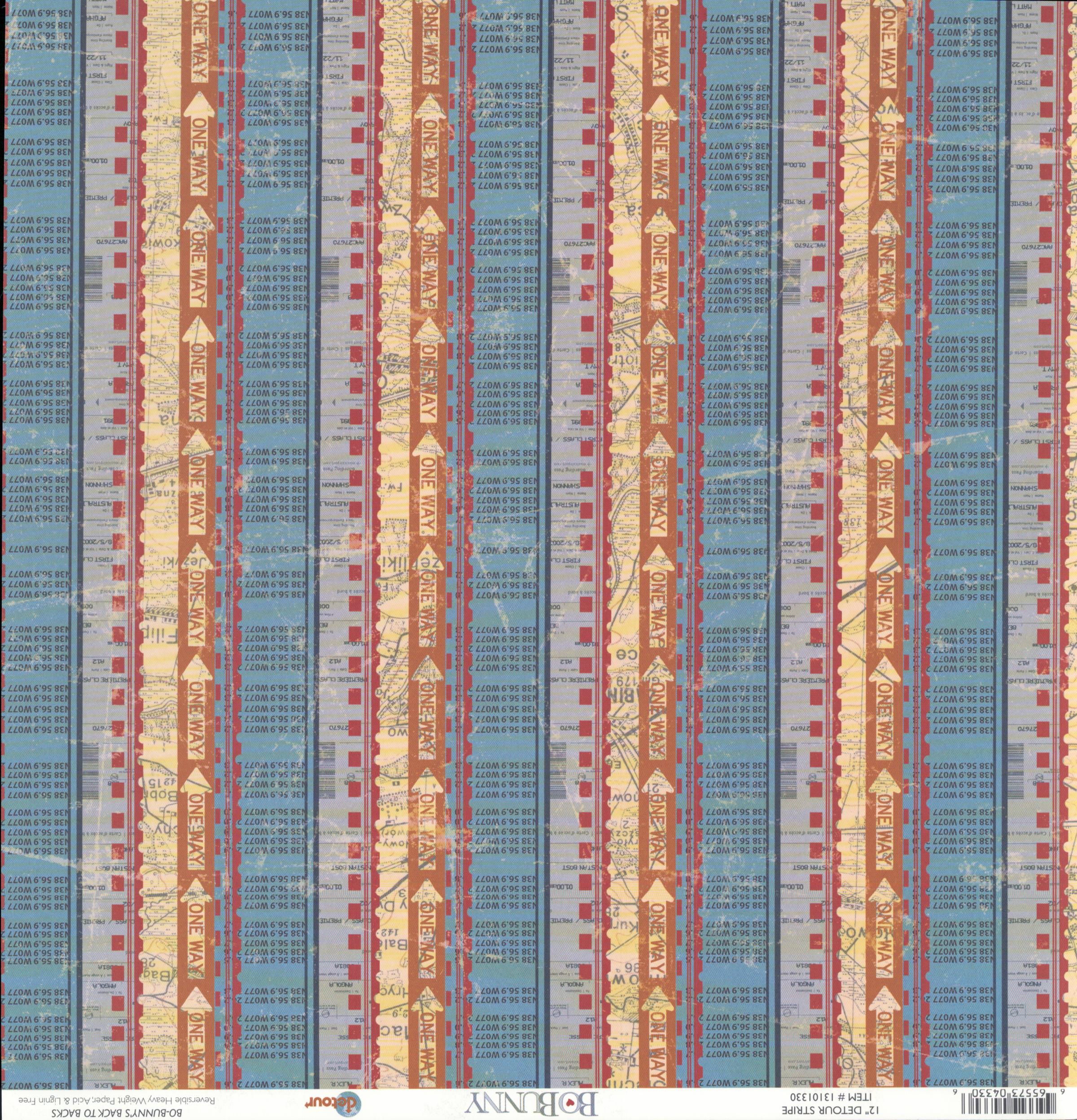 Bo Bunny Detour Stripe 12x12 - Side A: passport stamps on dusty blue with golden airplane silhouettes