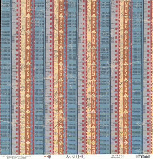 Bo Bunny Detour Stripe 12x12 - Side A: passport stamps on dusty blue with golden airplane silhouettes
