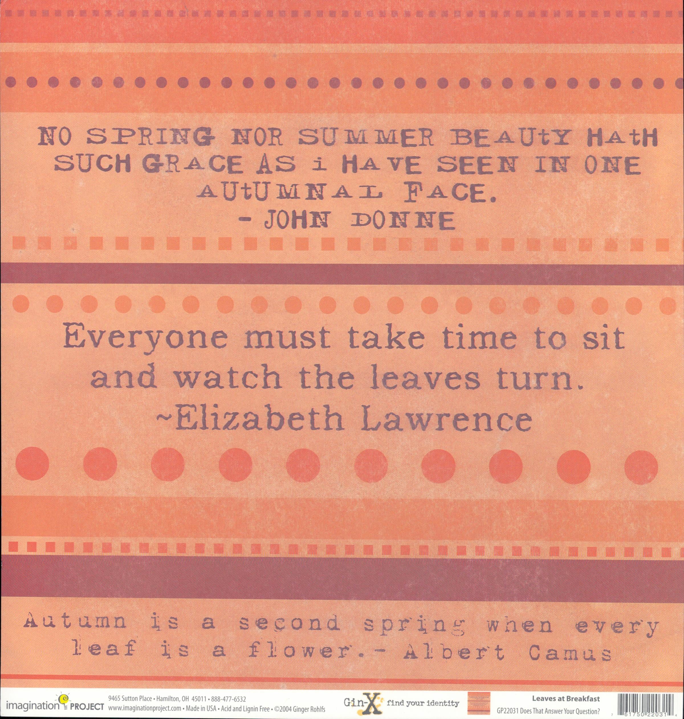 Imagination Project Gin-X Leaves at Breakfast Does That Answer Your Question 12x12 cardstock — autumn quotes in typewriter font on coral, peach and burgundy stripe background
