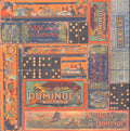 Design Originals Nostalgic Games Dominoes 12x12 scrapbook paper with vintage domino game box art including Magna Dominoes, Double Nine dragon and Nubian Dominoes in burnt orange, navy and teal