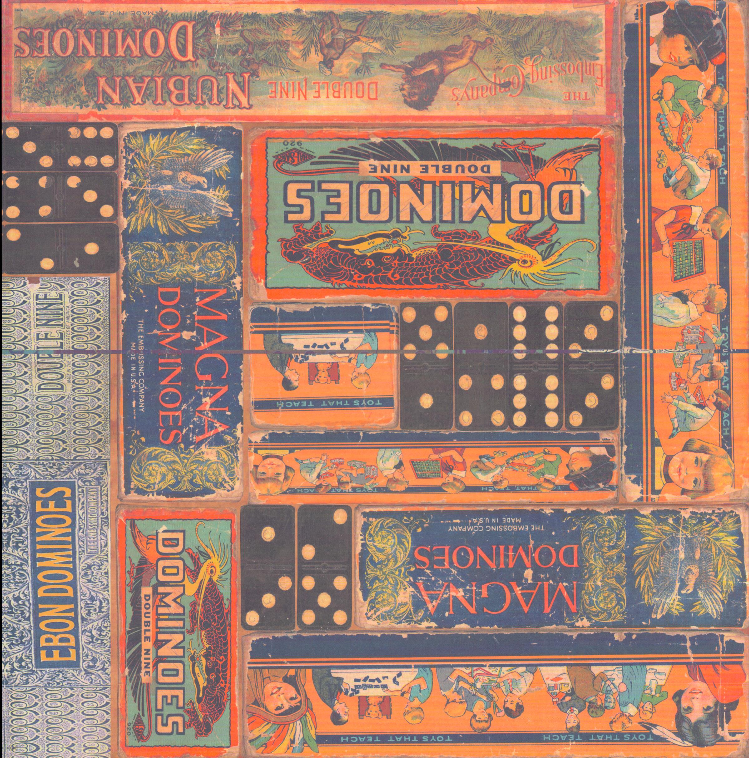 Design Originals Nostalgic Games Dominoes 12x12 scrapbook paper with vintage domino game box art including Magna Dominoes, Double Nine dragon and Nubian Dominoes in burnt orange, navy and teal