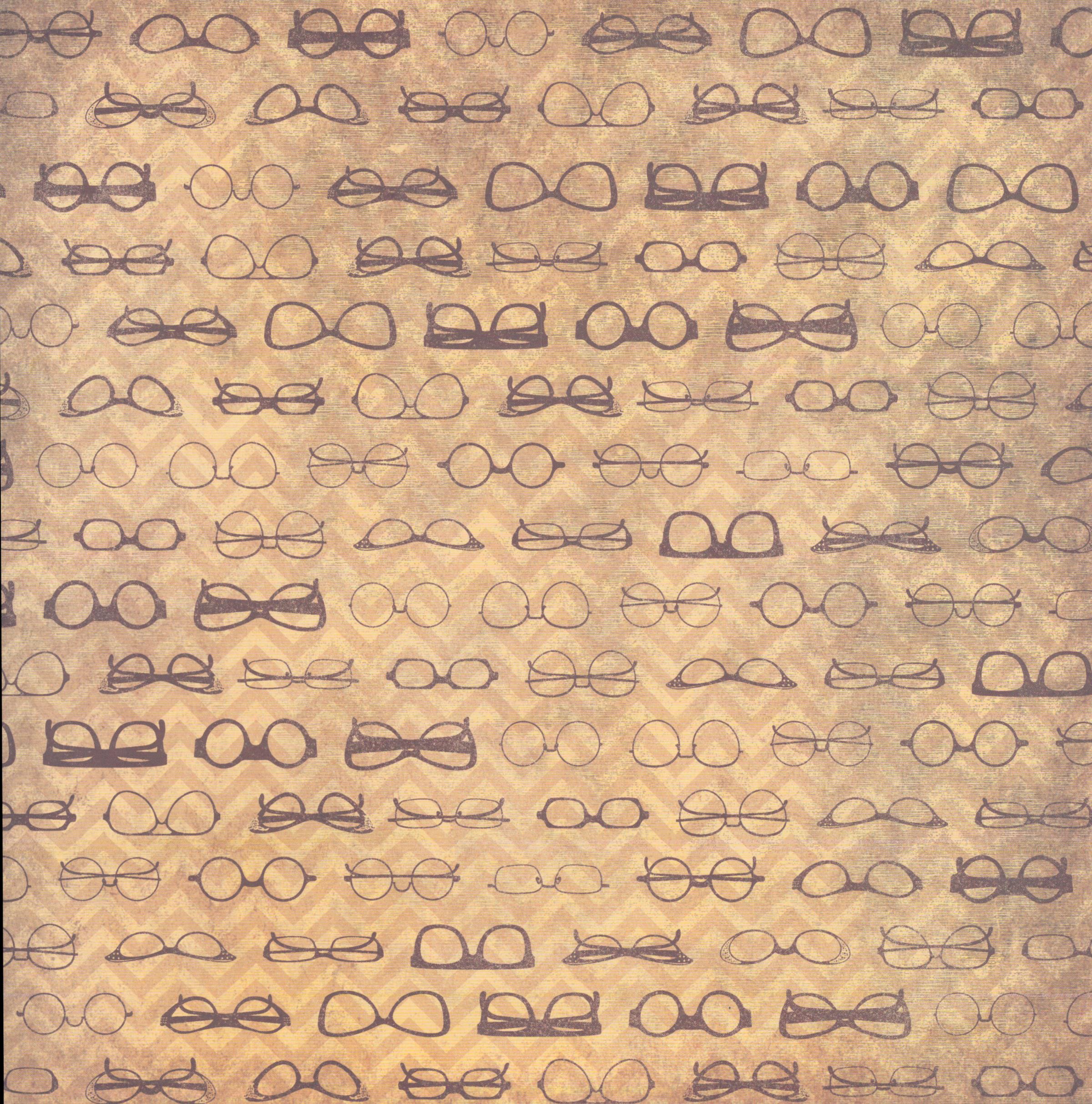 The Paper Studio Eyeglasses 12x12 scrapbook paper with rows of vintage eyeglass frames in cat-eye, round and browline styles in brown on golden tan chevron background
