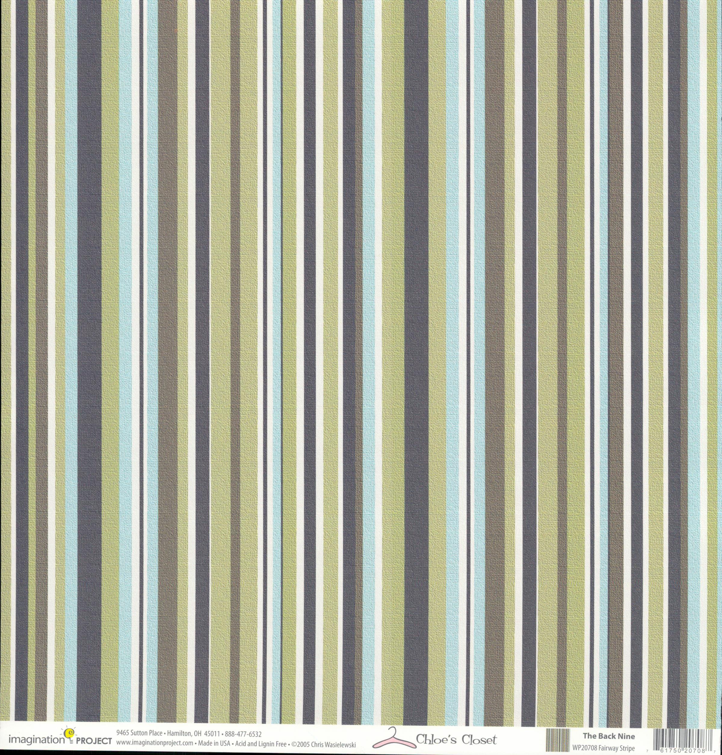 Imagination Project Chloe's Closet The Back Nine Fairway Stripe 12x12 cardstock — vertical multi-width stripes in sage green, charcoal gray, powder blue, brown and white
