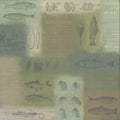 Karen Foster Design Fish & Tackle 12x12 - vintage fishing collage with ghosted fish, reels, hooks, lures, and flies on sage green