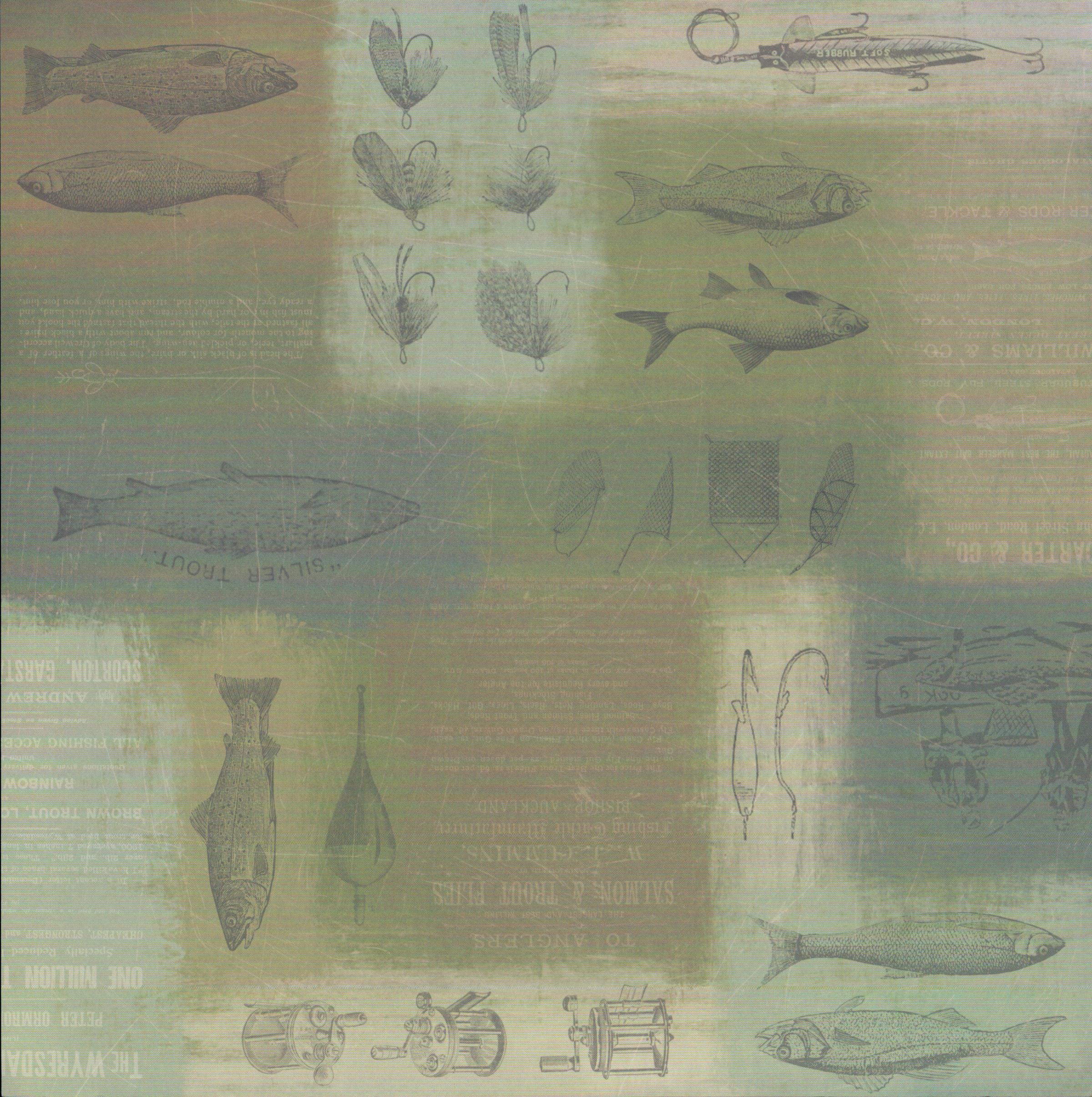 Karen Foster Design Fish & Tackle 12x12 - vintage fishing collage with ghosted fish, reels, hooks, lures, and flies on sage green