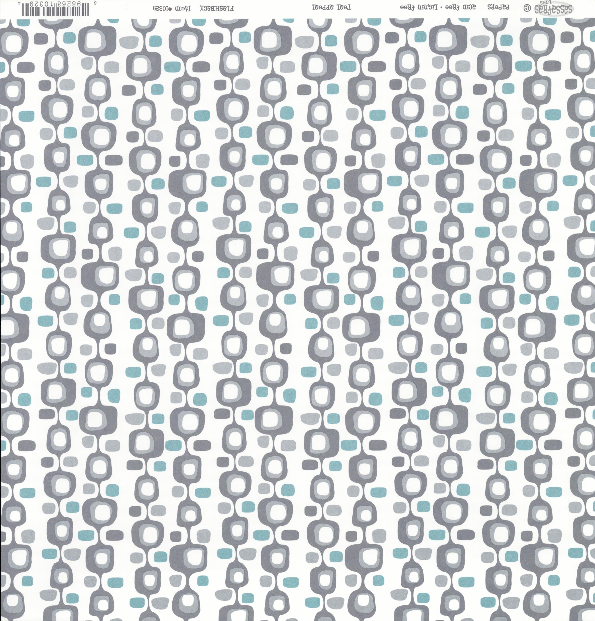 Sassafras Lass Teal Appeal Flashback cardstock with retro linked rounded squares in grey and teal on white