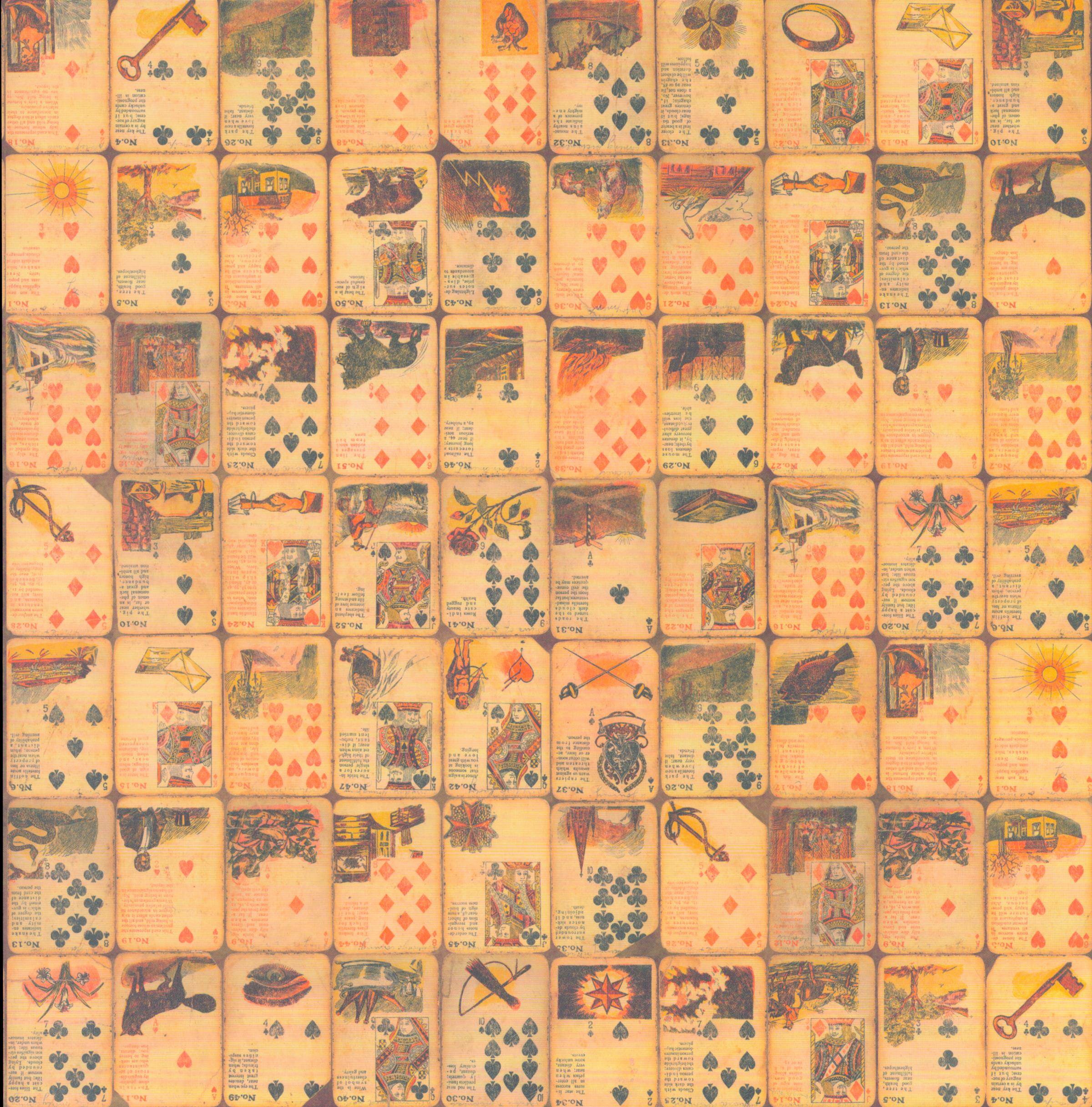 Design Originals Nostalgic Games Fortune Cards 12x12 scrapbook paper with dense grid of antique Victorian cartomancy playing cards featuring keys, anchors, black cats and fortune text in golden amber and orange